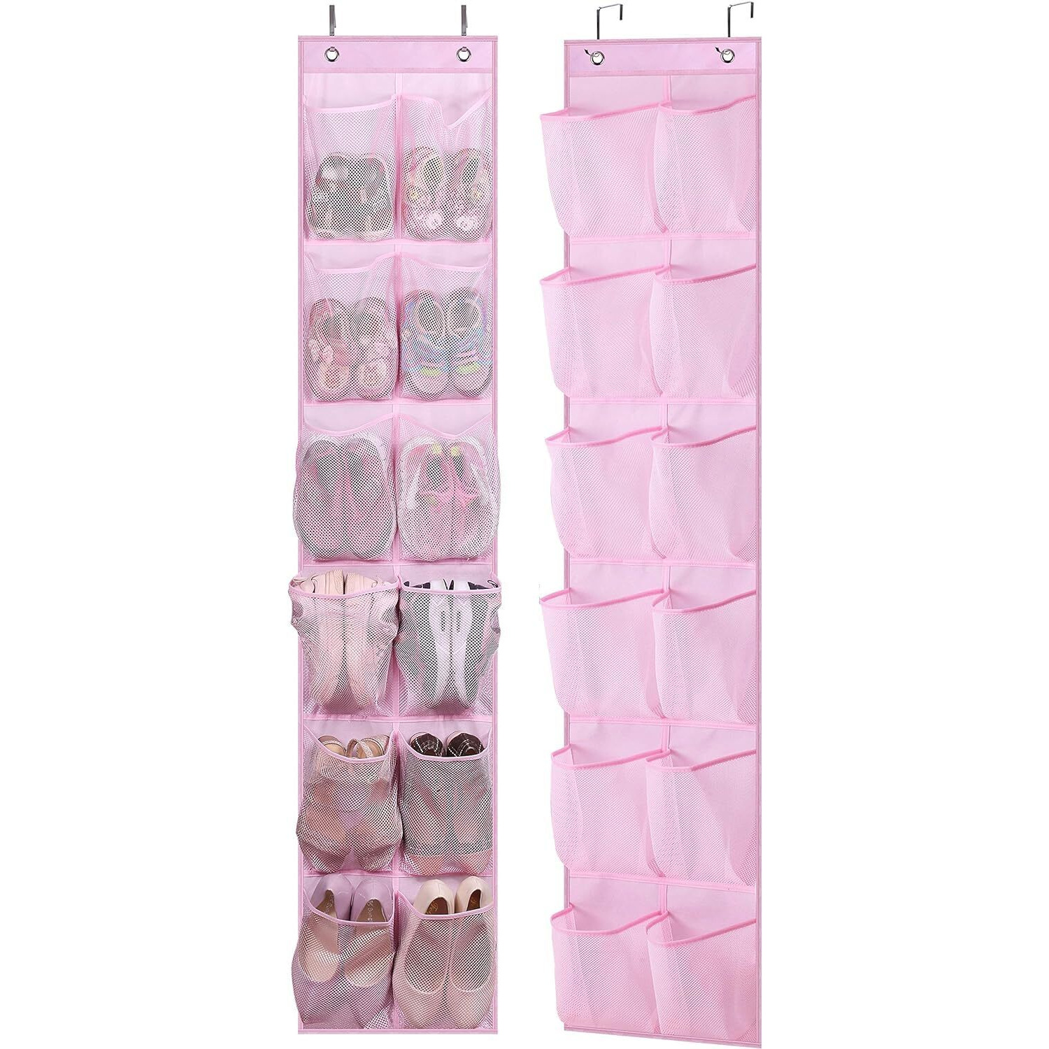 Misslo Kids Over The Door Shoe Organizer Baby Hanging Shoe Rack Narrow Closet Storage Bags With 12 Mesh Pockets For Girl Women Men Toddler Nursery, 2 Packs, Pink