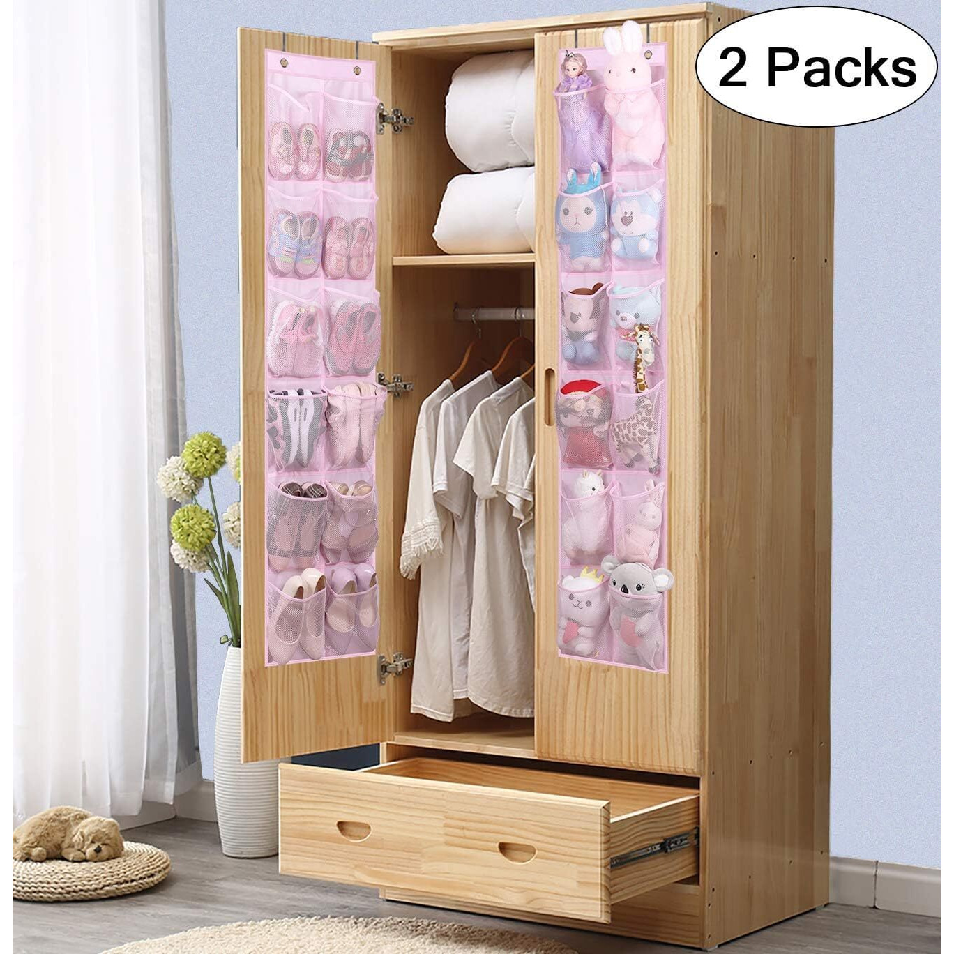 Misslo Kids Over The Door Shoe Organizer Baby Hanging Shoe Rack Narrow Closet Storage Bags With 12 Mesh Pockets For Girl Women Men Toddler Nursery, 2 Packs, Pink