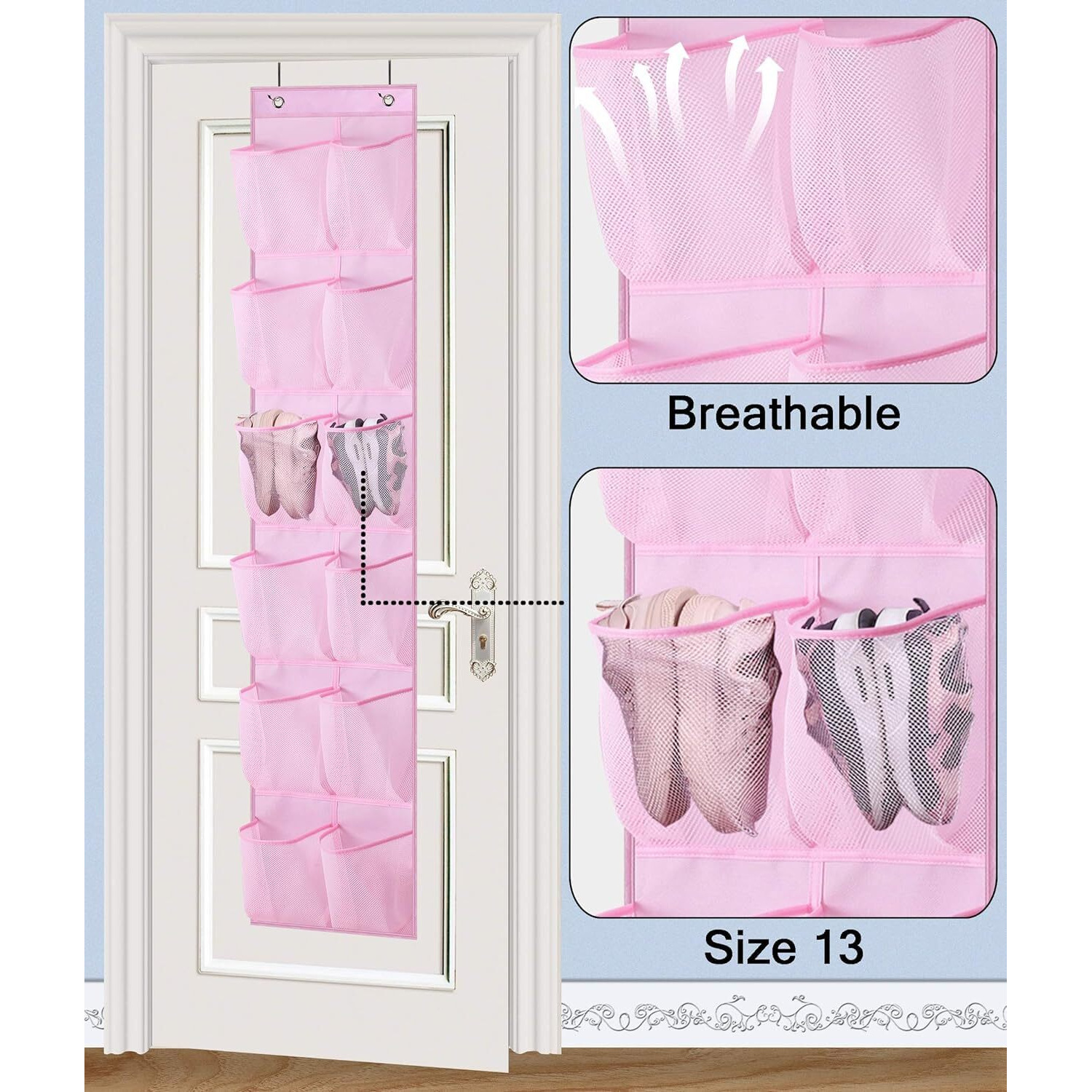 Misslo Kids Over The Door Shoe Organizer Baby Hanging Shoe Rack Narrow Closet Storage Bags With 12 Mesh Pockets For Girl Women Men Toddler Nursery, 2 Packs, Pink
