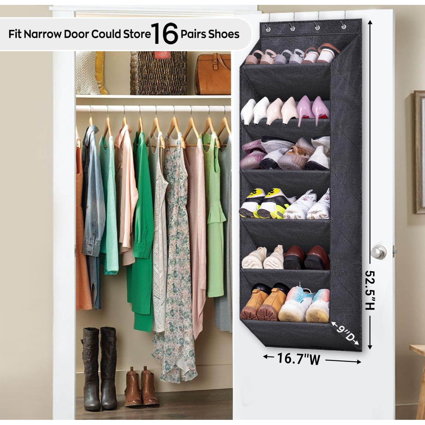 Sleeping Lamb Shoe Rack For Door With Large Deep Pocket, Hanging Door Shoe Organizer For Closet Hanger, Dorm And Narrow Sneaker Storage Holder, Black