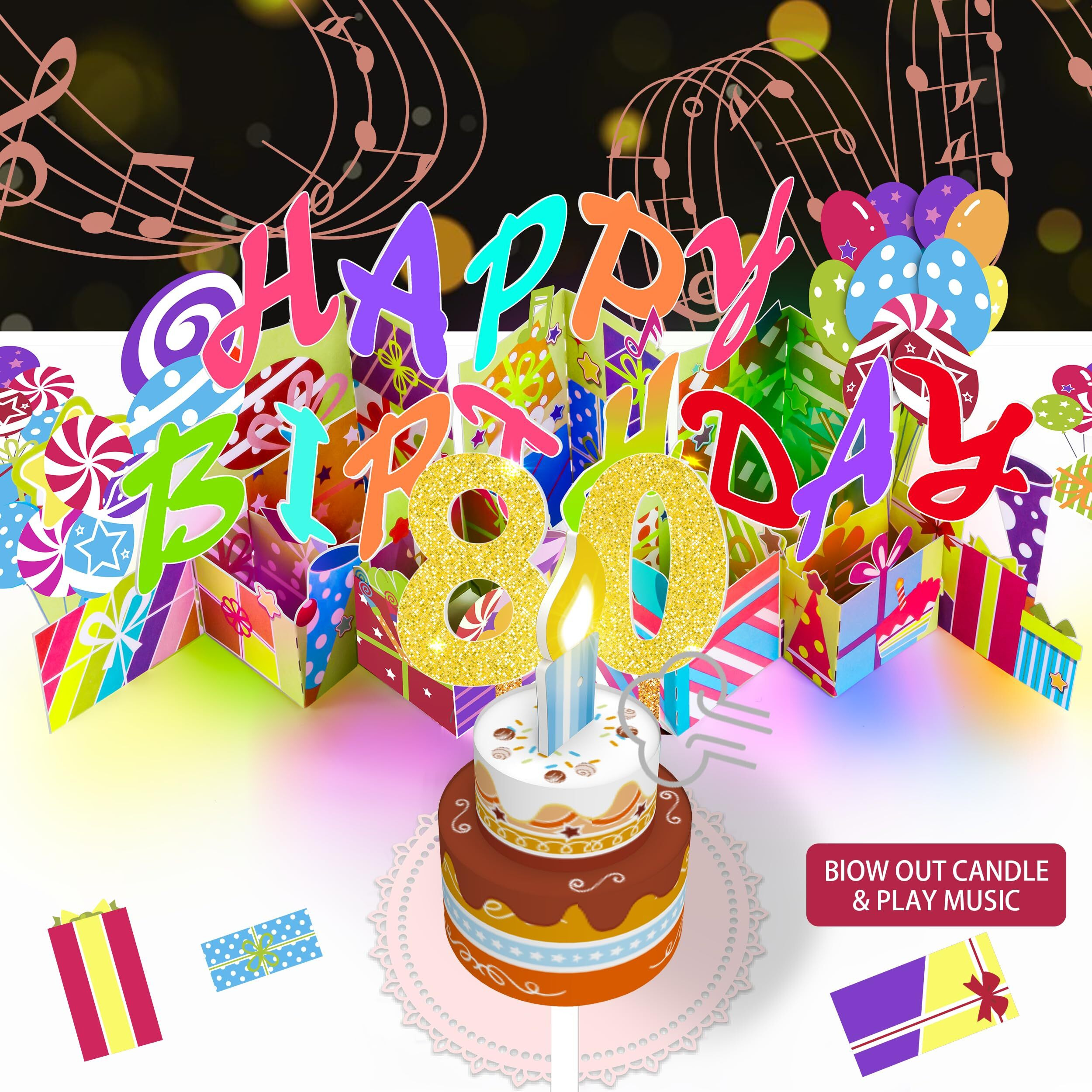 Gumry 80Th Musical Birthday Popup Card, Blowable Led Light Candle 3D Cards With Song  'Happy ', Applause Cheers Sound,Color-Changing Lights,Colourful Greeting Cards For Women Men Turning 80 Years Old