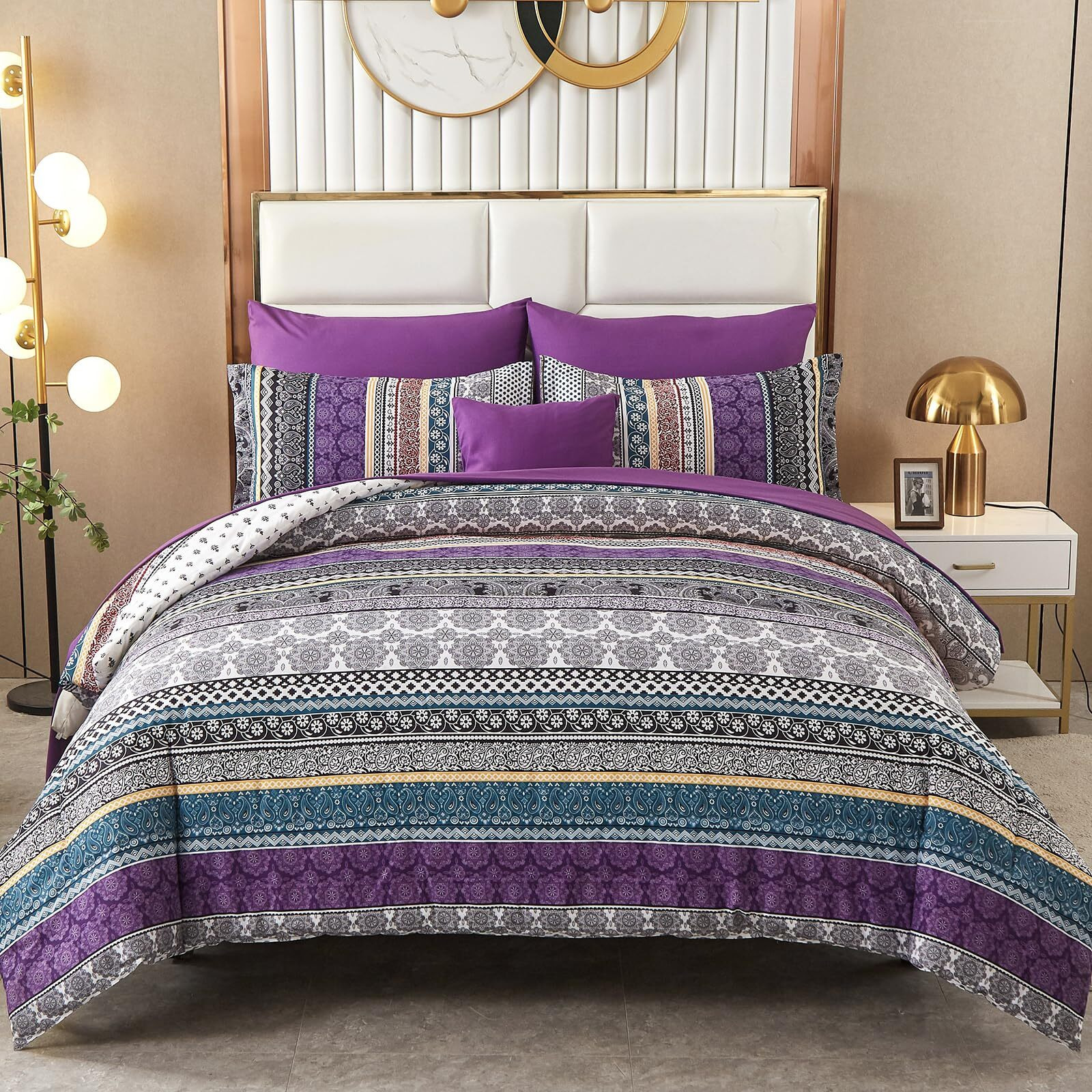 Boho Comforter Set Queen Size,8 Piece Bed In A Bag Bohemian Striped Bedding Quilt Set,Purple Paisley Floral Comforter And Sheet Set,Soft Microfiber Complete Bedding Sets For All Season
