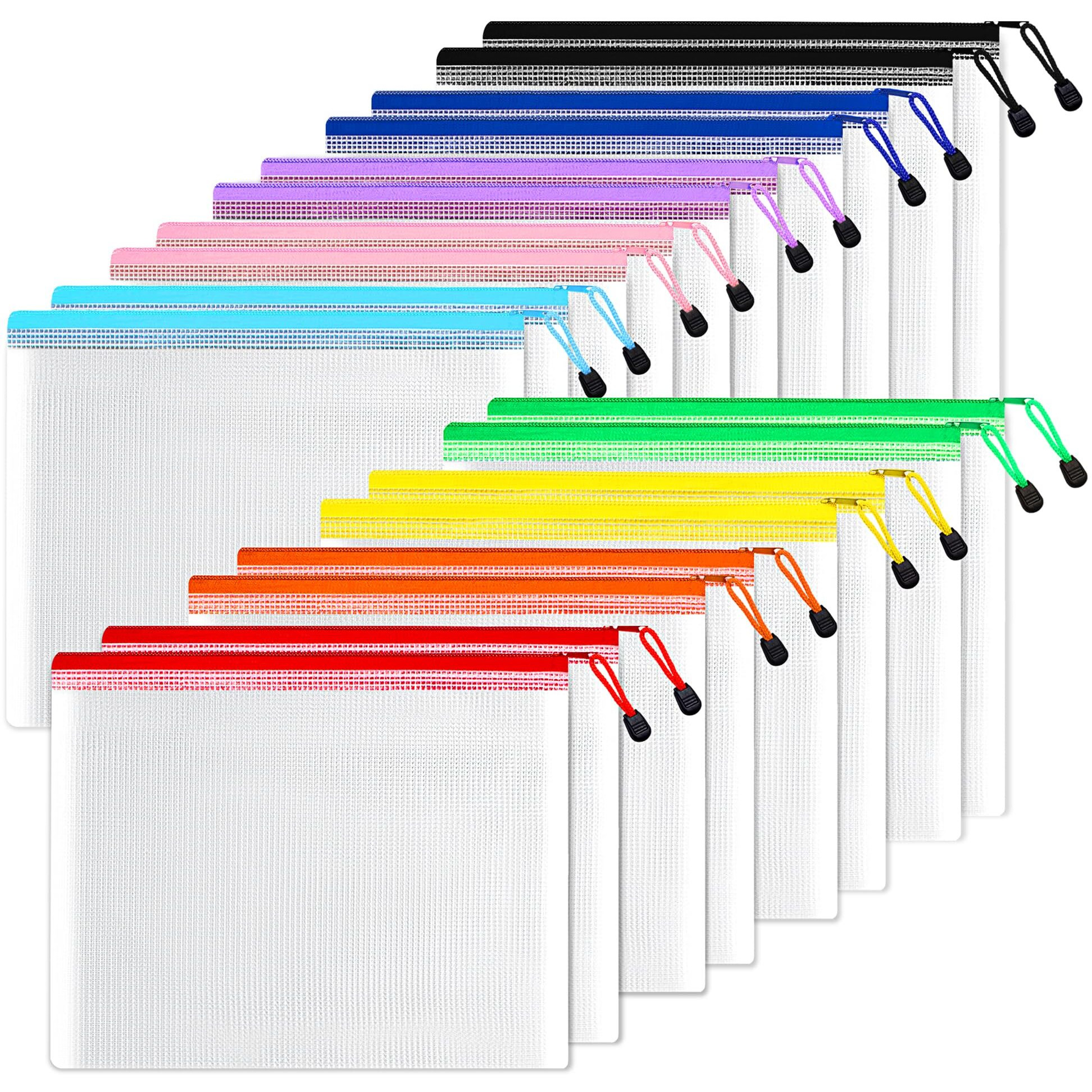 Sunee Plastic Mesh Zipper Pouch 9X13 In (6 Colors, 18 Packs),Extra Large Water-Resistant Zip Bag For School Office Supplies, Puzzles & Games Organizing Storage