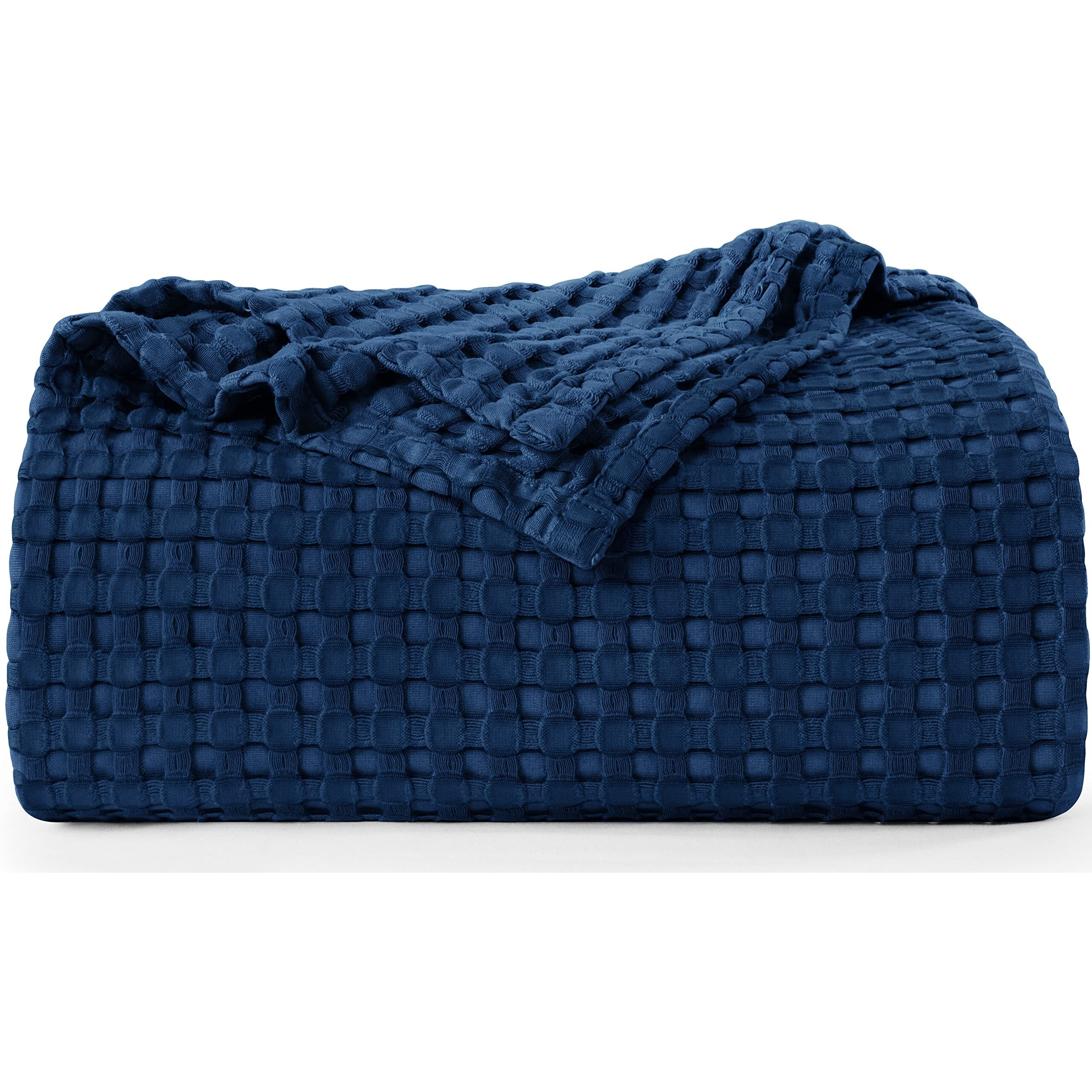 Utopia Bedding Cotton Waffle Blanket 300 Gsm (Navy - 90X108 Inches) Soft Lightweight Breathable Bed Blanket King Size Layering Any Bed For All Season