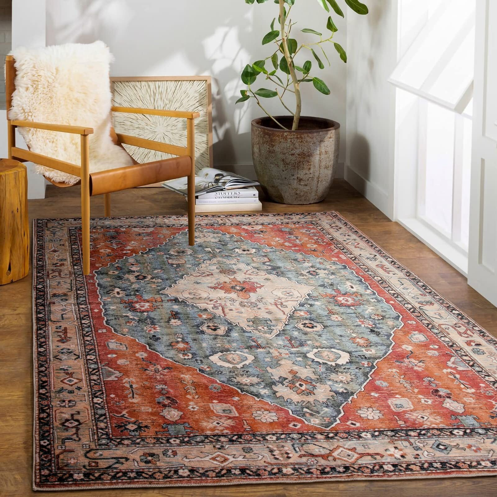 Lahome Boho Tribal Area Rug - 5X7 Large Persian Washable Living Bedroom Rug Distressed Oriental Non-Slip Non-Shedding Print Floor Carpet For Dining Room Home,Rust/Dull Teal