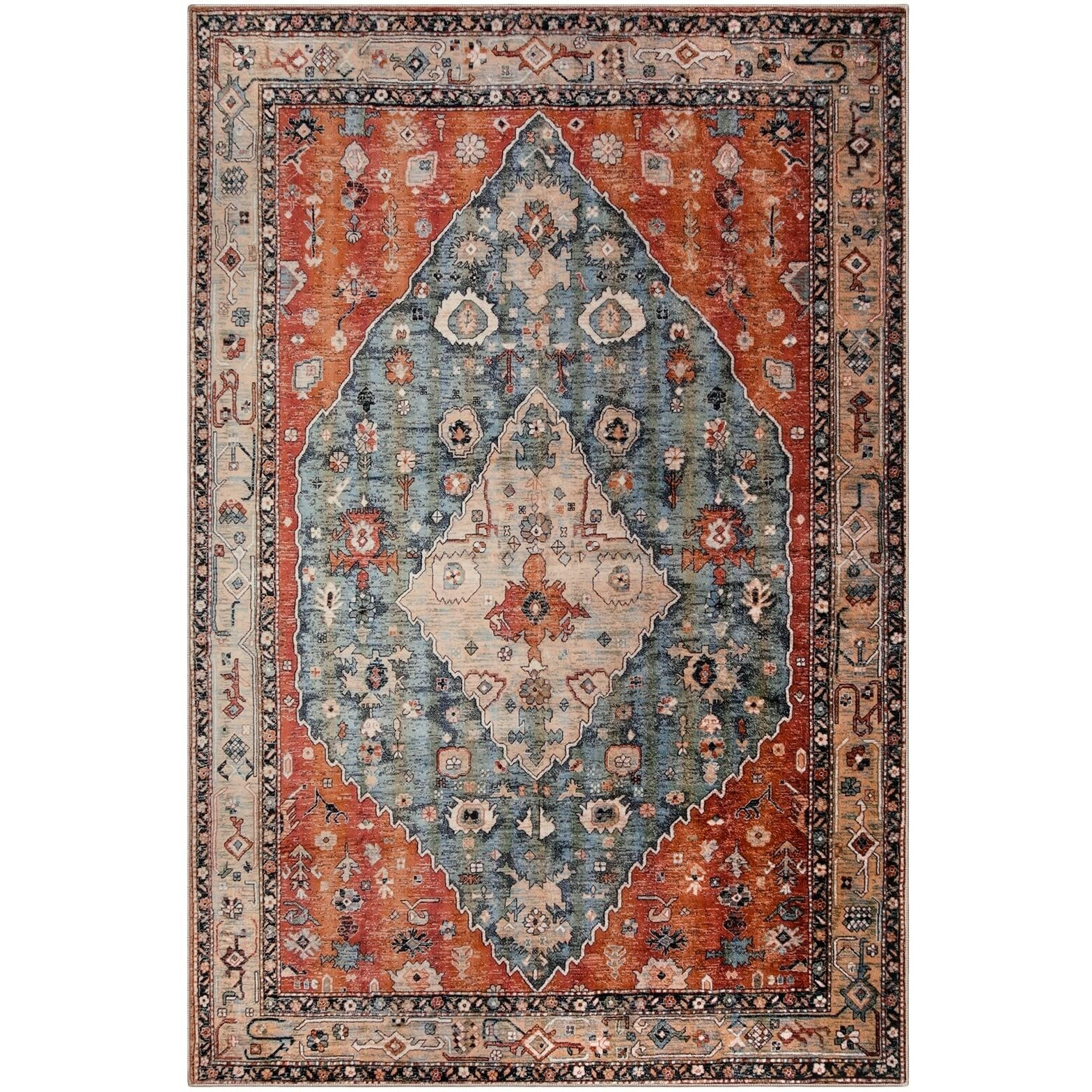 Lahome Boho Tribal Area Rug - 5X7 Large Persian Washable Living Bedroom Rug Distressed Oriental Non-Slip Non-Shedding Print Floor Carpet For Dining Room Home,Rust/Dull Teal