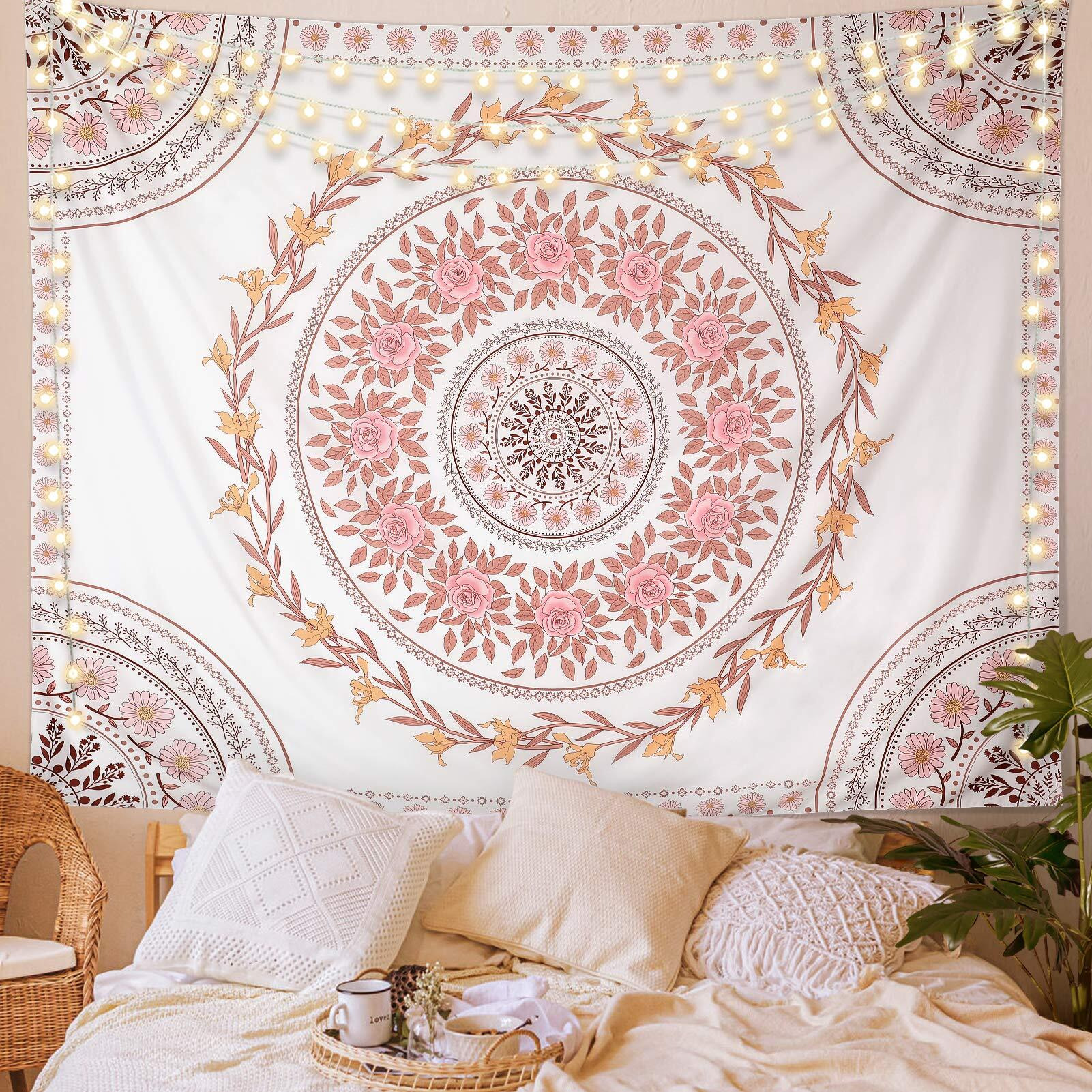 Fly Spray Mandala Tapestry Aesthetic,Boho Tapestry Wall Hanging,Pink Floral Medallion Tapestries,Bohemian Wall Art Hippie Decor For Bedroom Living Room Dorm