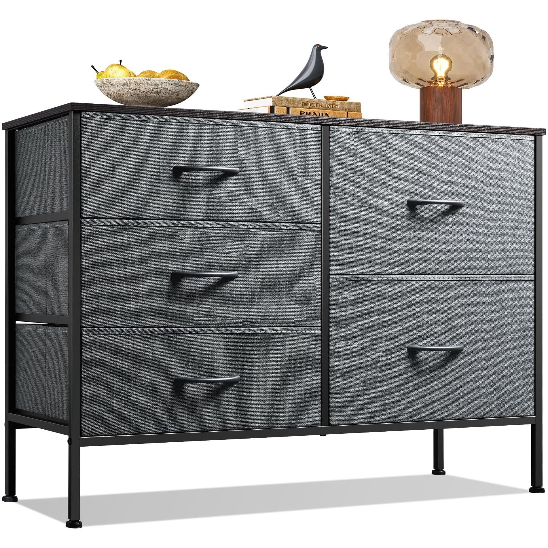 Wlive Dresser For Bedroom With 5 Drawers, Wide Bedroom Dresser With Drawer Organizers, Chest Of Drawers, Fabric Dresser For Living Room, Closet, Hallway, Dark Grey
