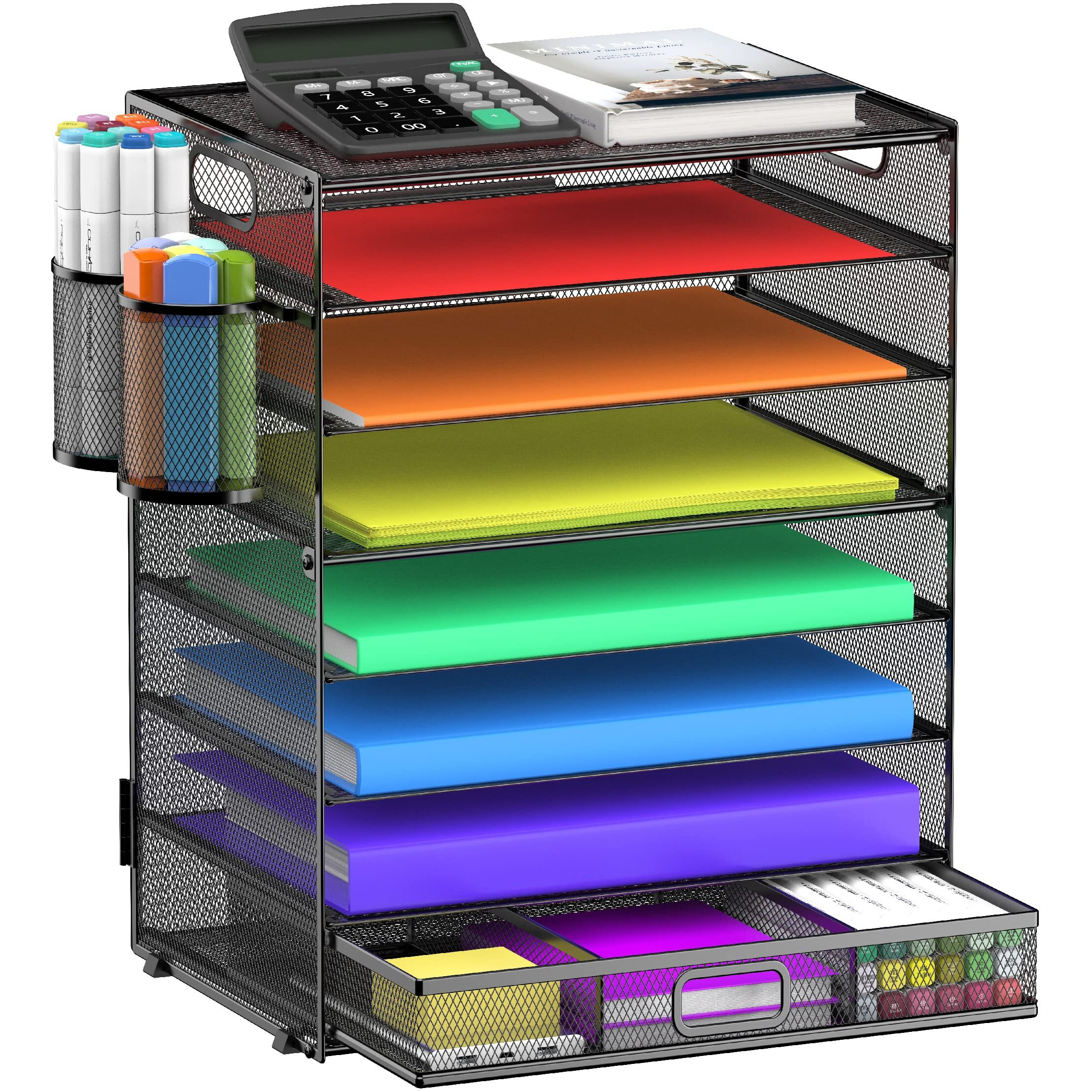 Goldorcle 8 Tier Paper Letter Tray Organizer With Drawer & 2 Pen Holders, Mesh Desk File Holder Storage Organization For Home School Classroom & Office