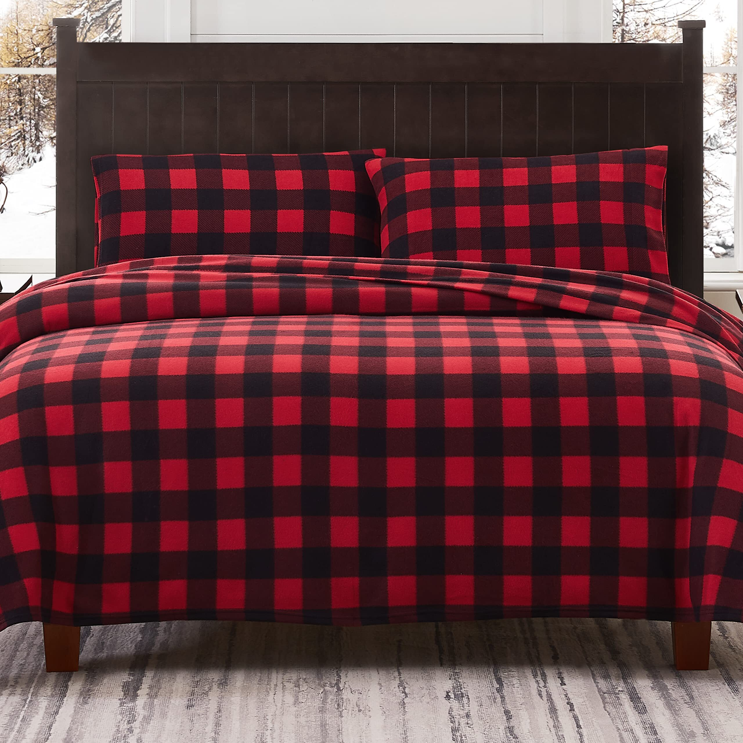 Viviland Plush Micro Fleece Buffalo Plaid Red And Black Holiday Queen Bed Sheet Set - Soft Polar Velvet Sheets - Extra Warm Winter Flannel Bed Sheets With Deep Pocket - Christmas Sheet - Queen