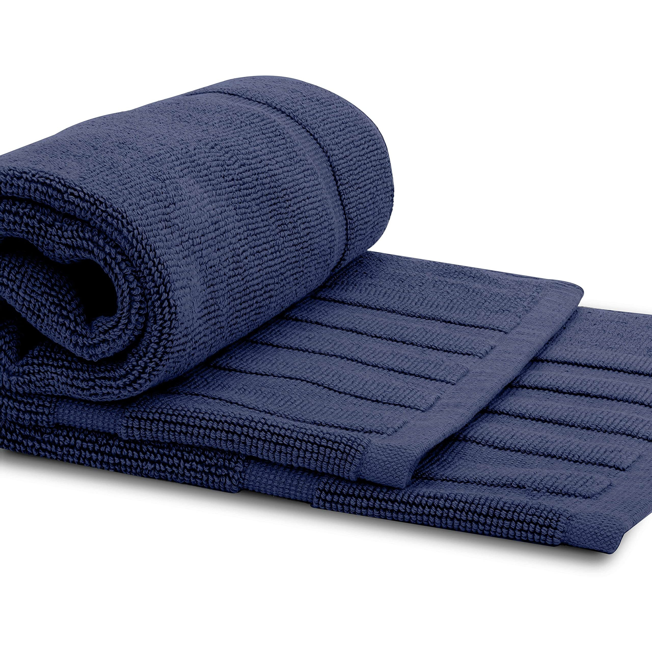 White Classic Luxury Bath Mat Floor Towel Set - Absorbent Cotton Hotel Spa Shower/Bathtub Mats [Not A Bathroom Rug] 22"&quotX34"" | 2 Pack | Navy Blue