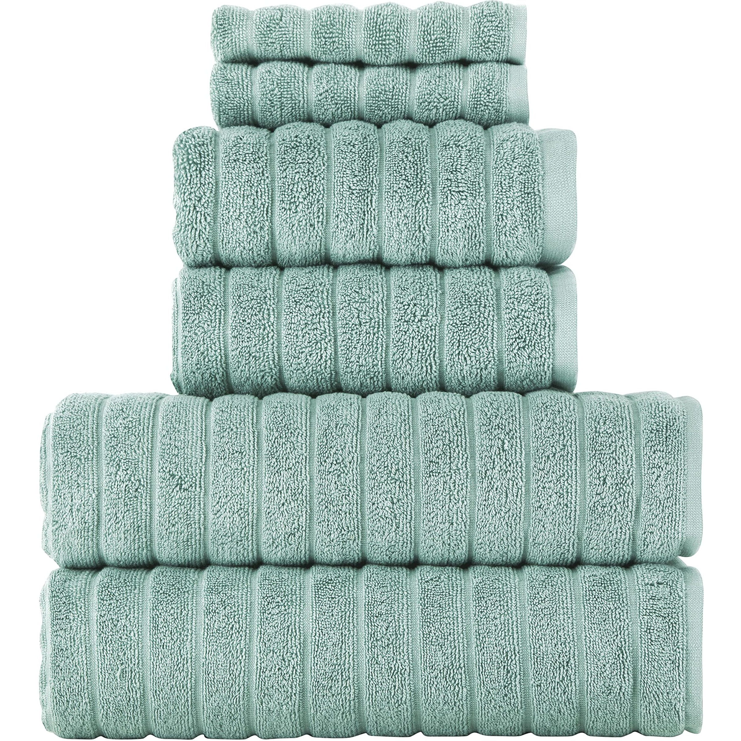 Classic Turkish Towels Luxury 6 Piece Towel Set - 2 Bath Towels, 2 Hand Towels, 2 Washcloths, Jacquard Ribbed, Absorbent, 100% Turkish Cotton (Spa Green)