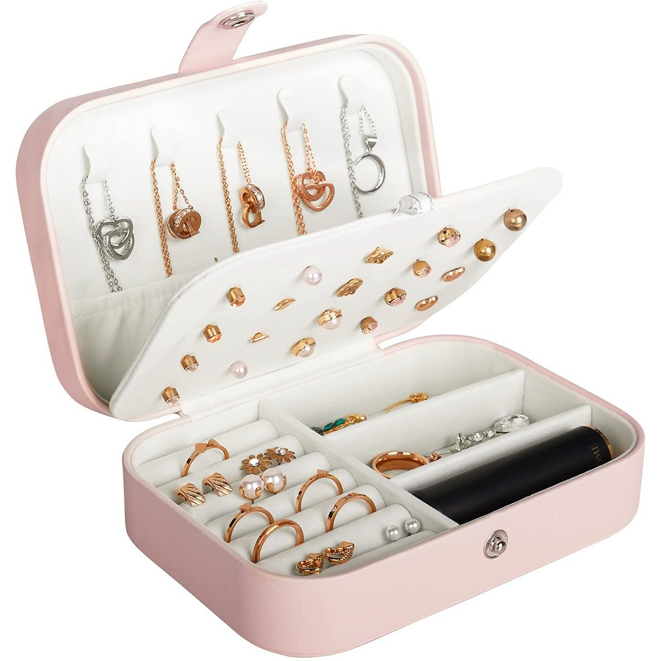 Travel Jewelry Box, Pu Leather Small Jewelry Organizer For Women Girls, Double Layer Portable Mini Travel Case Display Storage Holder Boxes For Stud Earrings, Rings, Necklaces, Bracelets (Black)