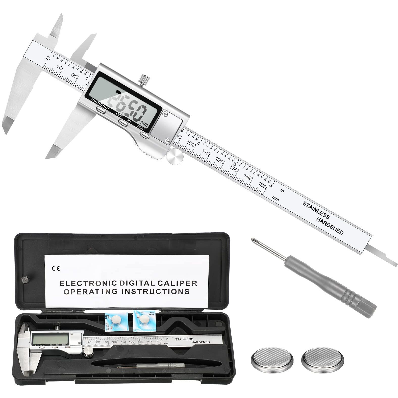 Simhevn Digital Caliper Measuring Tool, Stainless Steel Vernier Caliper Digital Micrometer With Large Lcd Screen, Easy Switch From Inch Metric Fraction, 6 Inch/150Mm Caliper Tool For Diy/Household