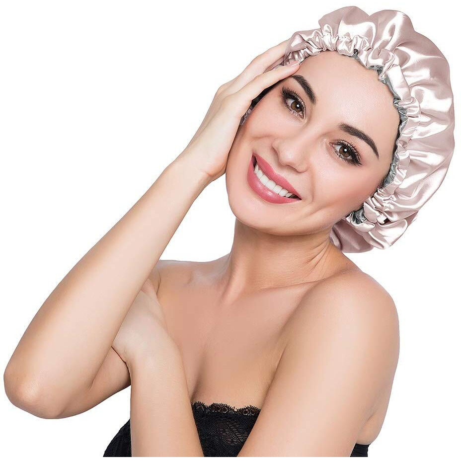 Elihair Stain Bonnet Silky Sleep Cap Adjustable Satin Cap For Night Sleeping Hair Bonnet Reversible Double Layer Champagne/Grey