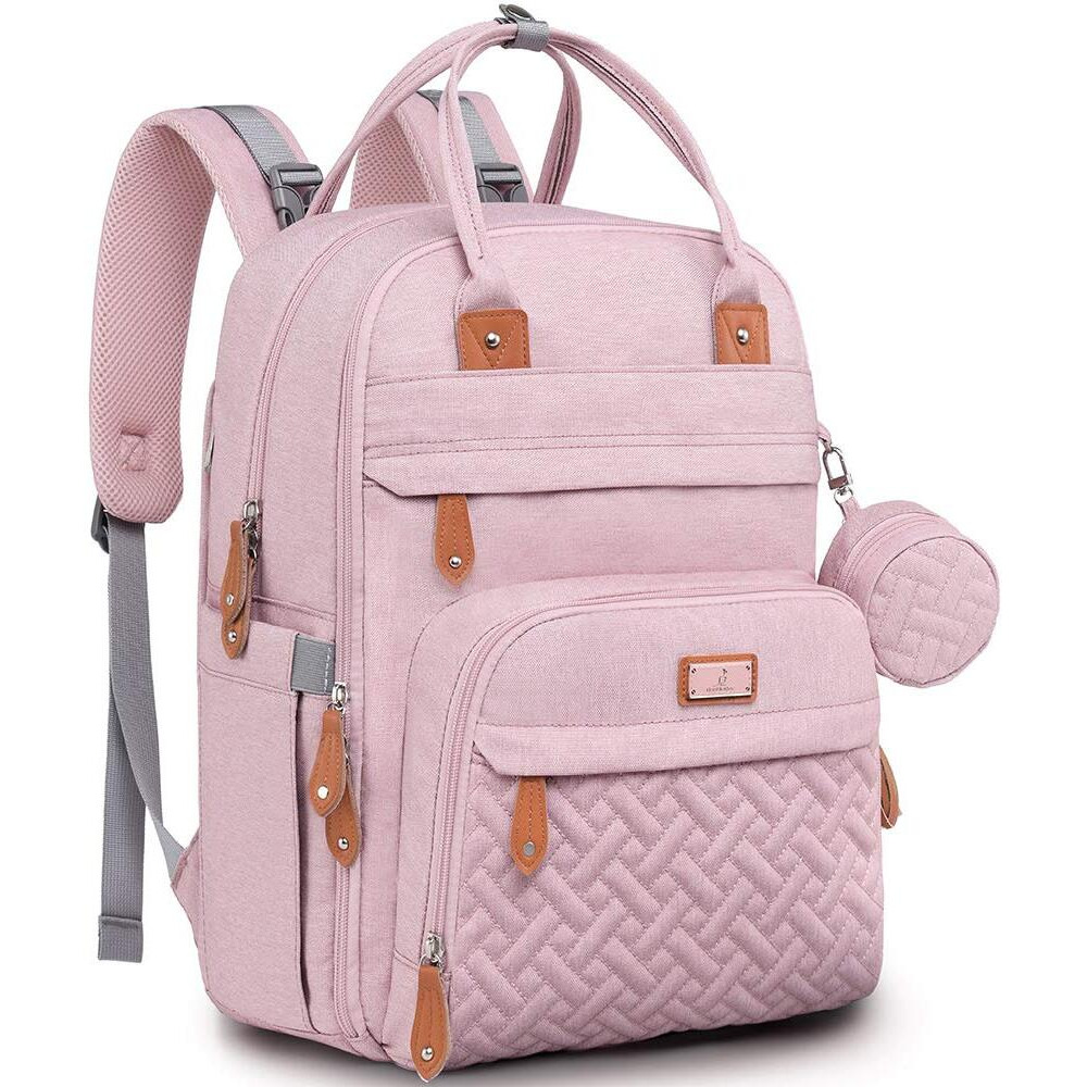 Babbleroo Diaper Bag Backpack, Nappy Changing Bags Multifunction Waterproof Travel Back Pack With Changing Pad & Stroller Straps & Pacifier Case, Unisex And Stylish (Pink)
