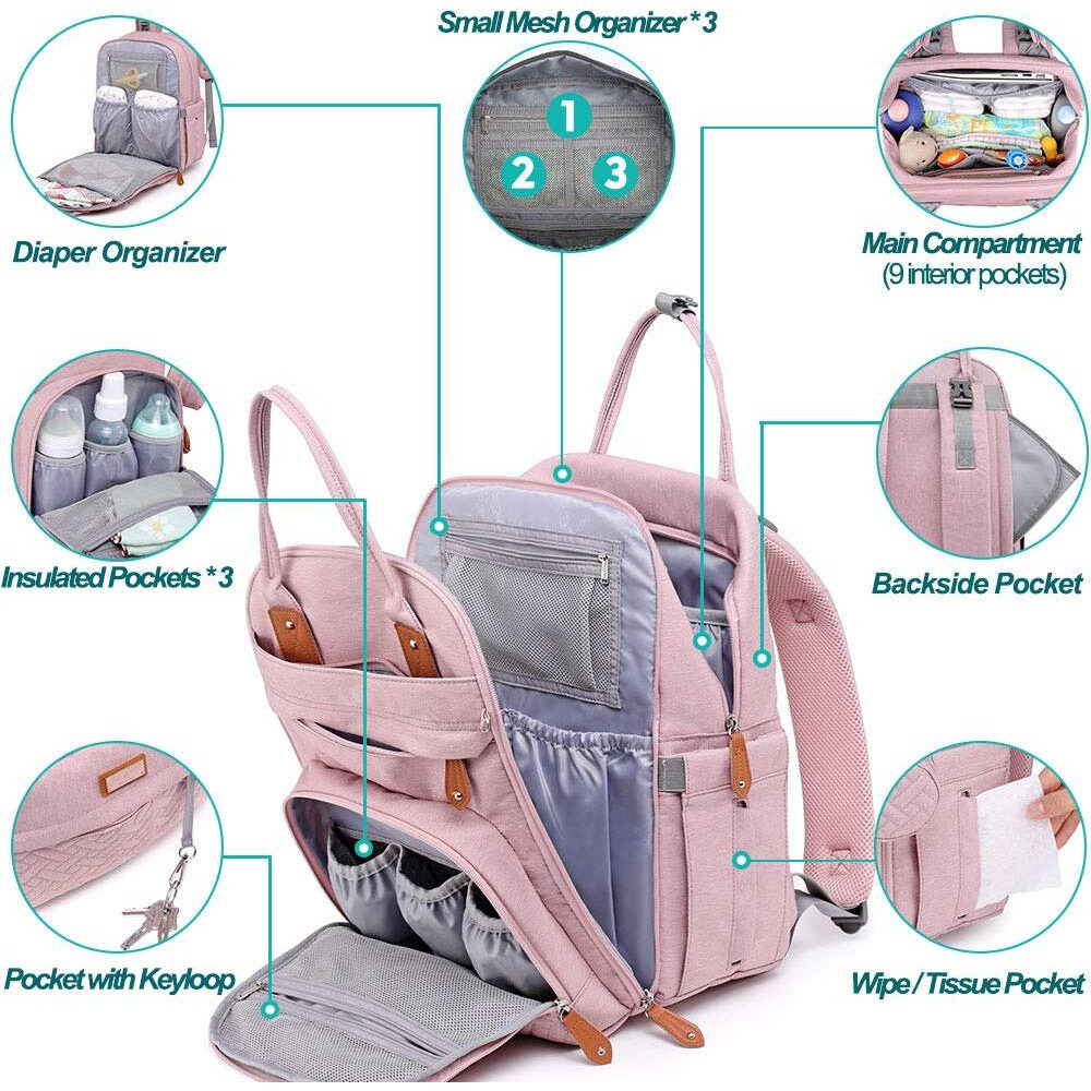 Babbleroo Diaper Bag Backpack, Nappy Changing Bags Multifunction Waterproof Travel Back Pack With Changing Pad & Stroller Straps & Pacifier Case, Unisex And Stylish (Pink)