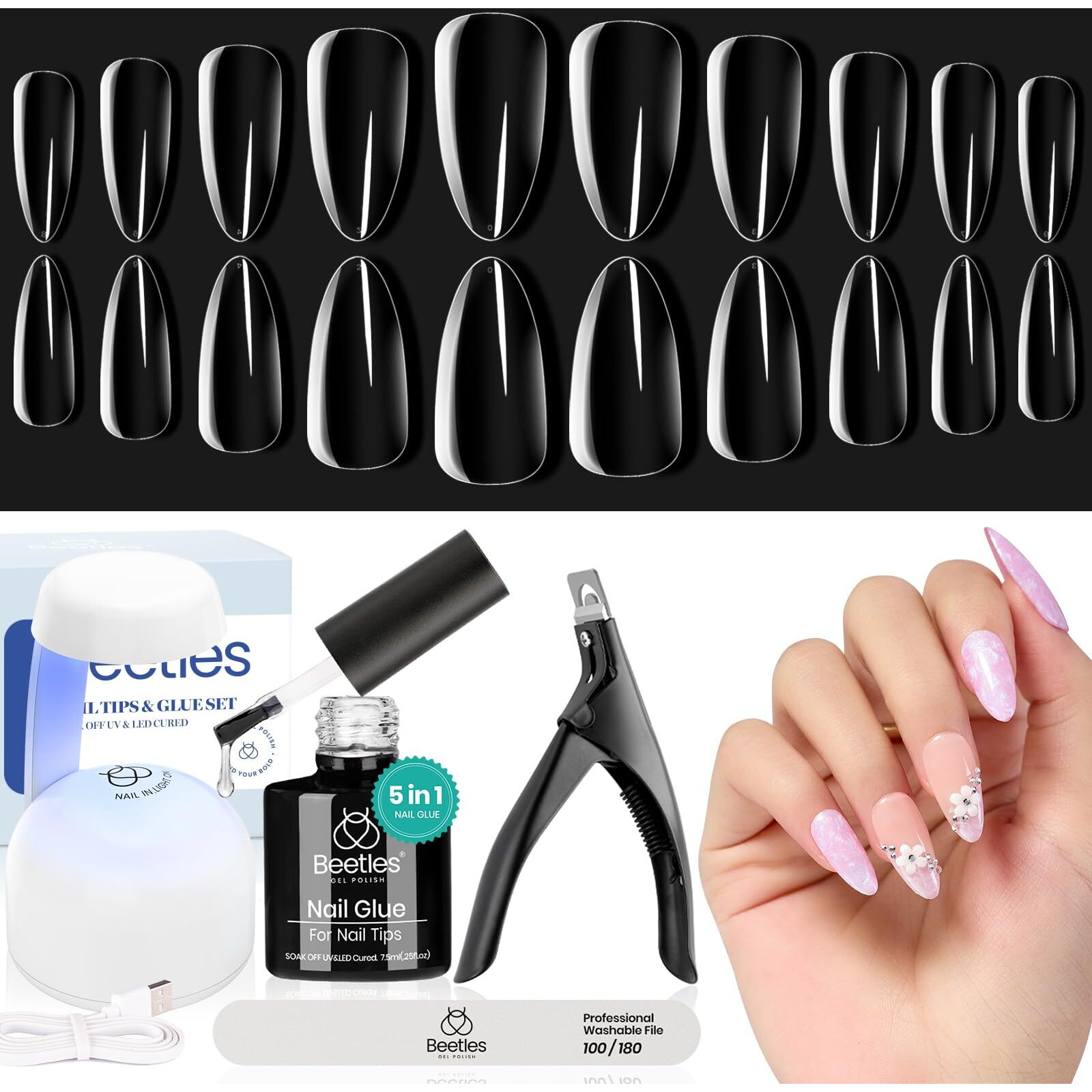 Beetles Gel Nail Kit Almond Nail Tips Easy Nail Extension Set 5 In 1 Nail Glue Gel With Pre Shaped Medium Almond Nail Tips & Uv Nail Lamp Acrylic Nail Clipper Diy Art Gifts For Her