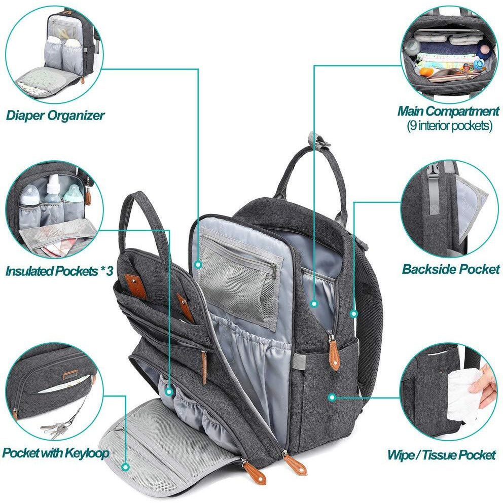 Babbleroo Diaper Bag Backpack, Nappy Changing Bags Multifunction Waterproof Travel Back Pack With Changing Pad & Stroller Straps & Pacifier Case, Unisex And Stylish (Dark Gray)