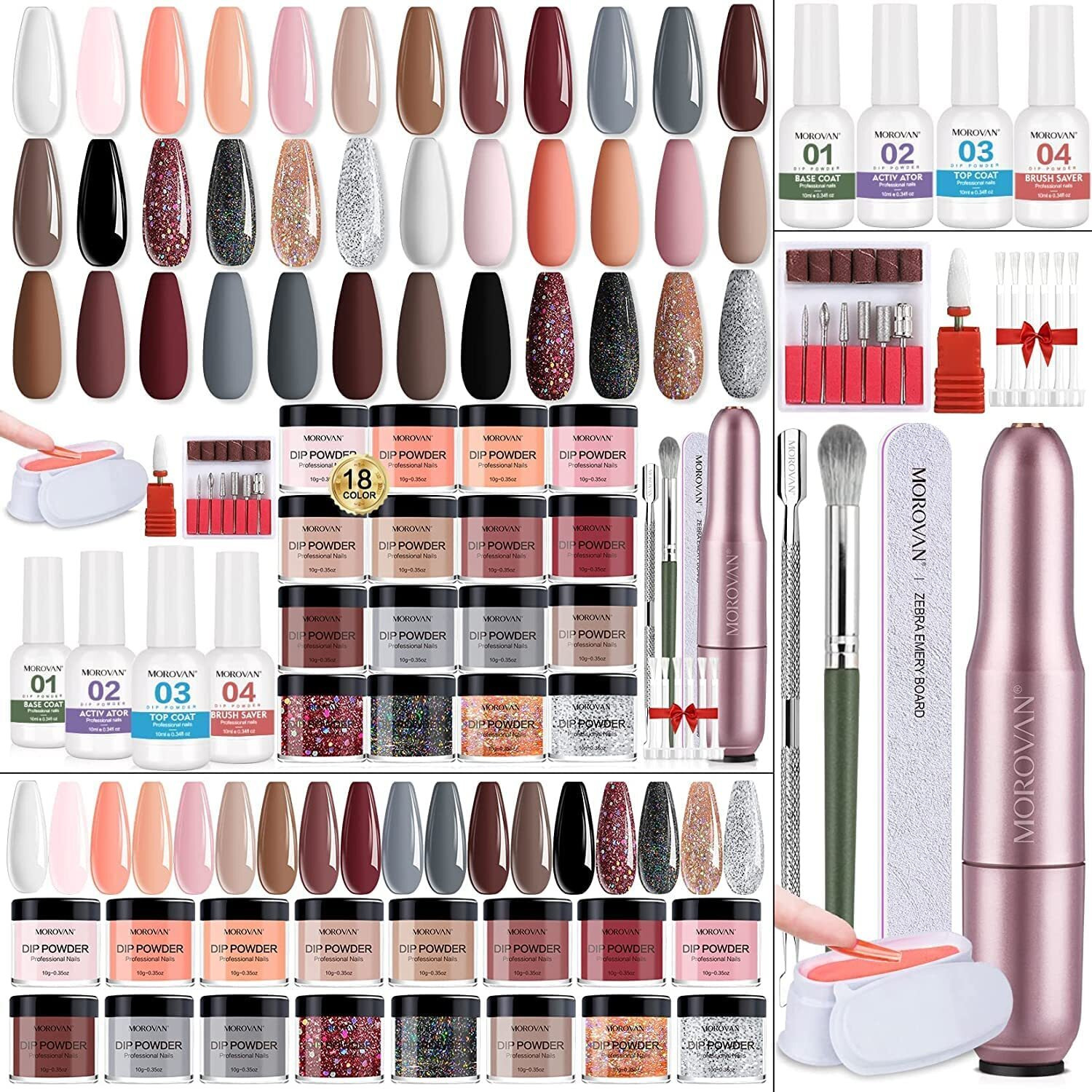 30Pcs Dip Powder Nail Kit Starter-Morovan 18 Colors Dip Powder Pure Glitter Nail Dipping Powder Set With Electric Nail Drill Machine Dipping Powder For Beginners Or Professional Diy At Home