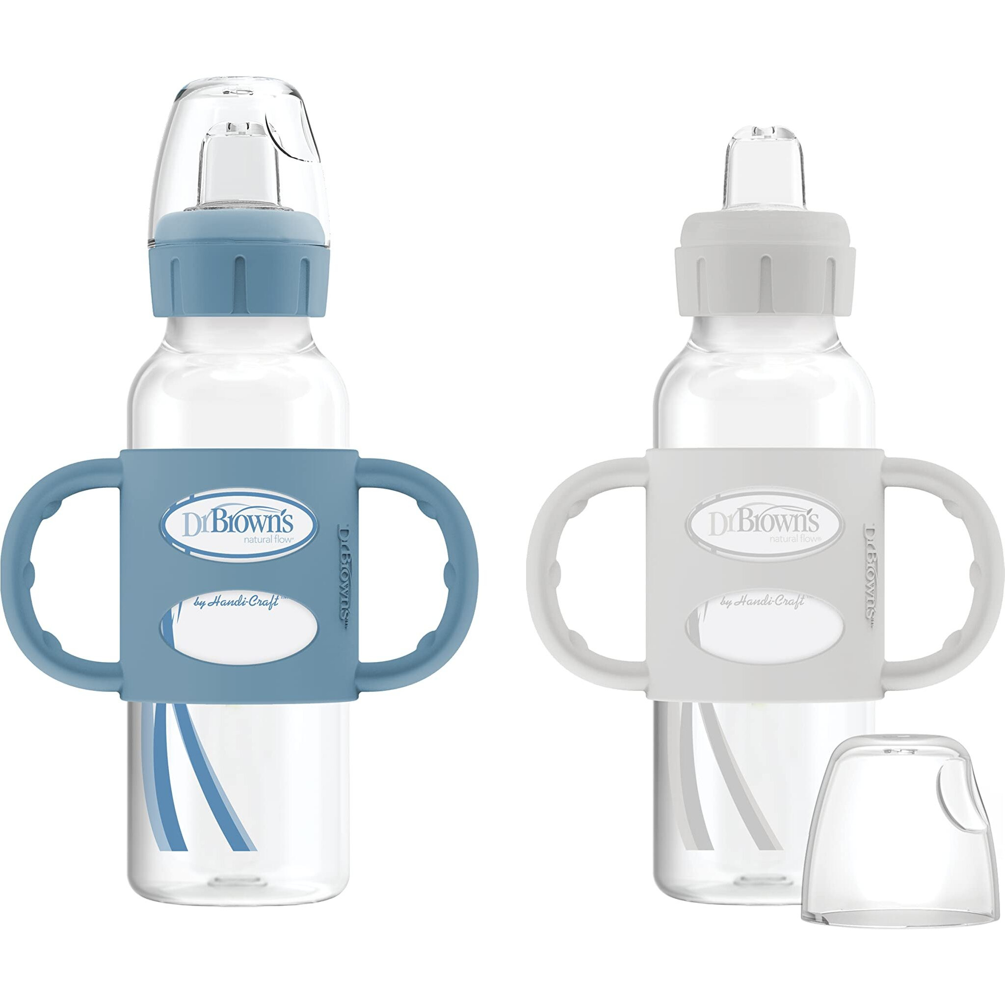 Dr. Brown's Milestones Narrow Sippy Bottle With 100% Silicone Handles, Easy-Grip Bottle With Soft Sippy Spout, 8Oz/250Ml, Bpa Free, Light-Blue & Gray, 2 Pack, 6M+
