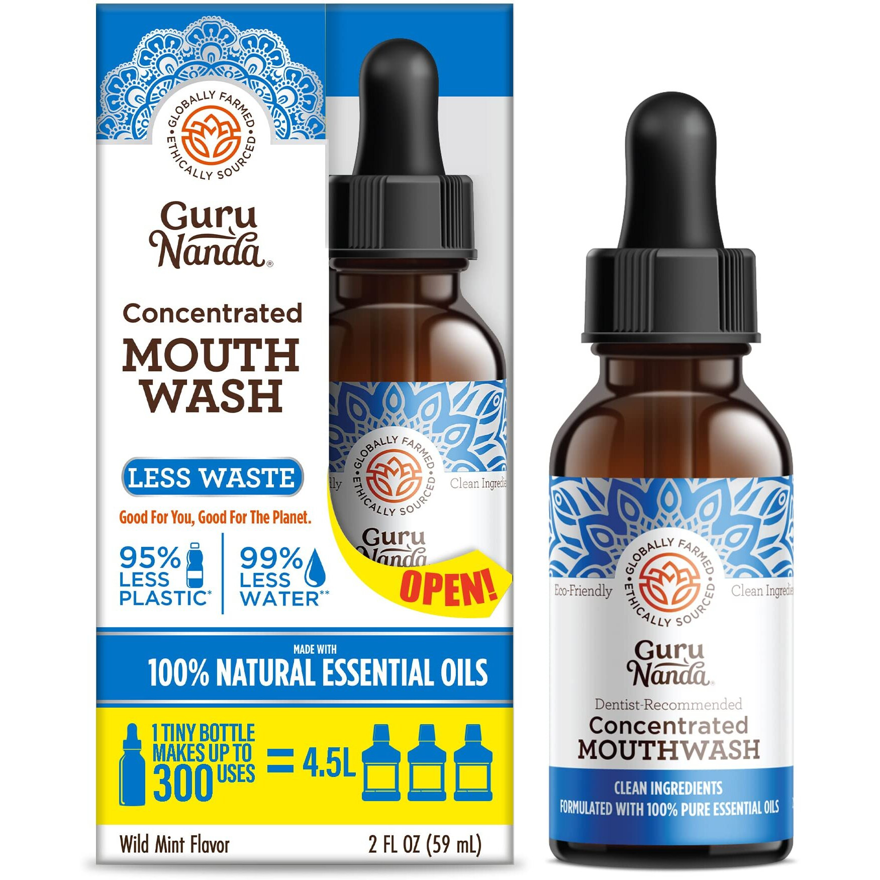 Gurunanda Concentrated Mouthwash, Helps With Bad Breath, Promotes Teeth Whitening, Made With 100% Natural Essential Oils, 1 Bottle Equals 300 Rinse, Fluoride-Free - Mint Flavored (2 Oz)