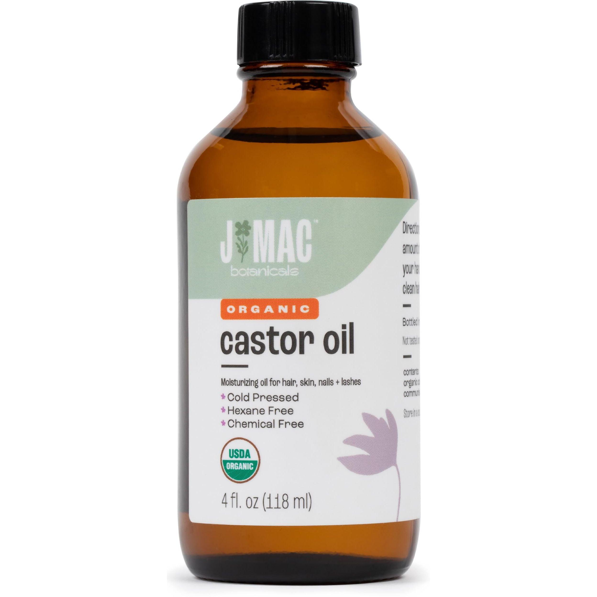 J Mac Botanicals Organic Castor Oil Cold Pressed (Glass Bottle, 4 Oz, No Dropper), Pure Hexane Free Castor Oil For Face, Skin, Eyelashes