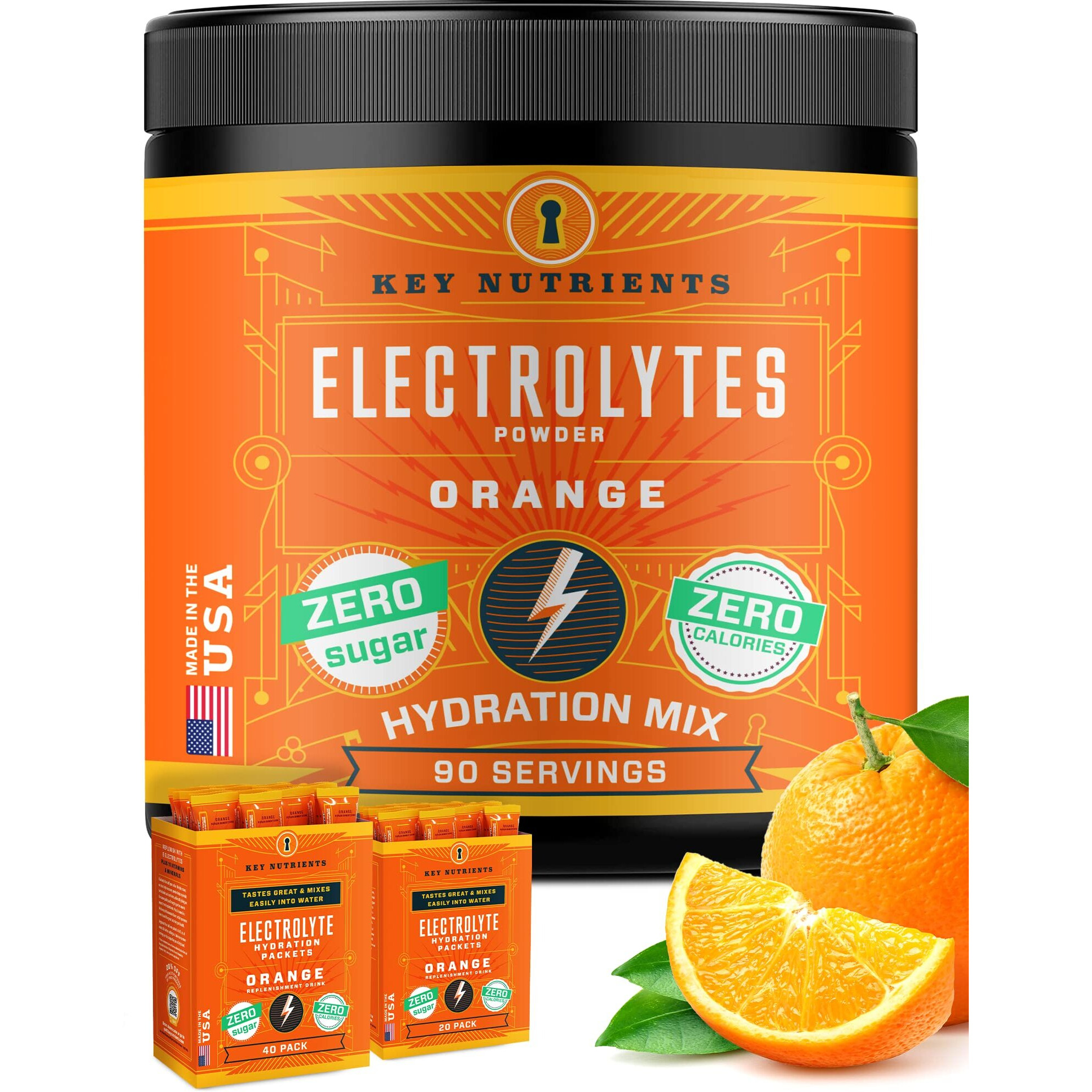 Key Nutrients Electrolytes Powder - Tangy Orange Electrolyte Drink Mix - Hydration Powder - No Sugar, No Calories, Gluten Free - Powder And Packets (20, 40 Or 90 Servings)