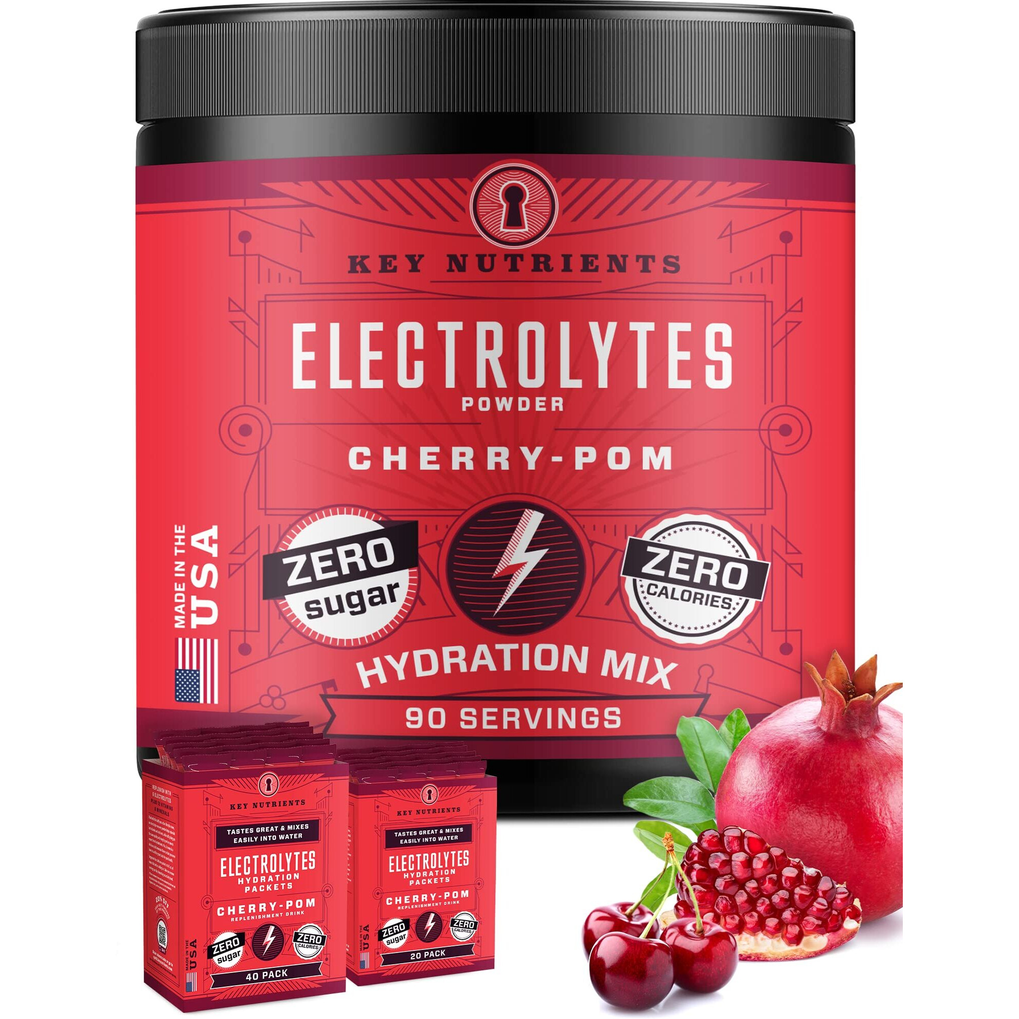 Key Nutrients Electrolytes Powder - Sweet Cherry-Pom Electrolyte Drink Mix - Hydration Powder - No Sugar, No Calories, Gluten Free - Powder And Packets (20, 40 Or 90 Servings)