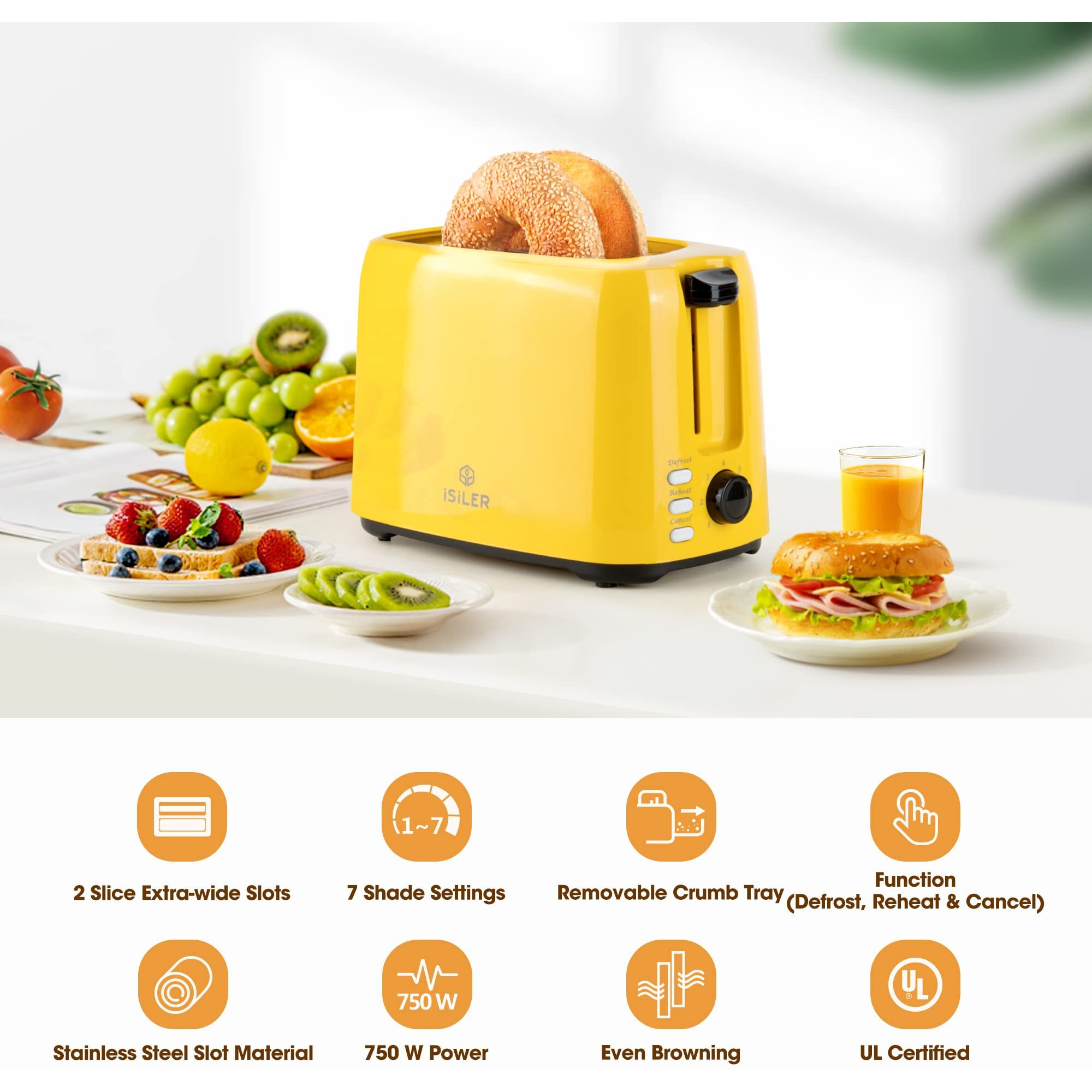 Isiler 2 Slice Toaster, 1.3 Inches Wide Slot Bagel Toaster With 7 Shade Settings And Double Side Baking, Compact Bread Toaster With Removable Crumb Tray, Defrost Cancel Function Yellow