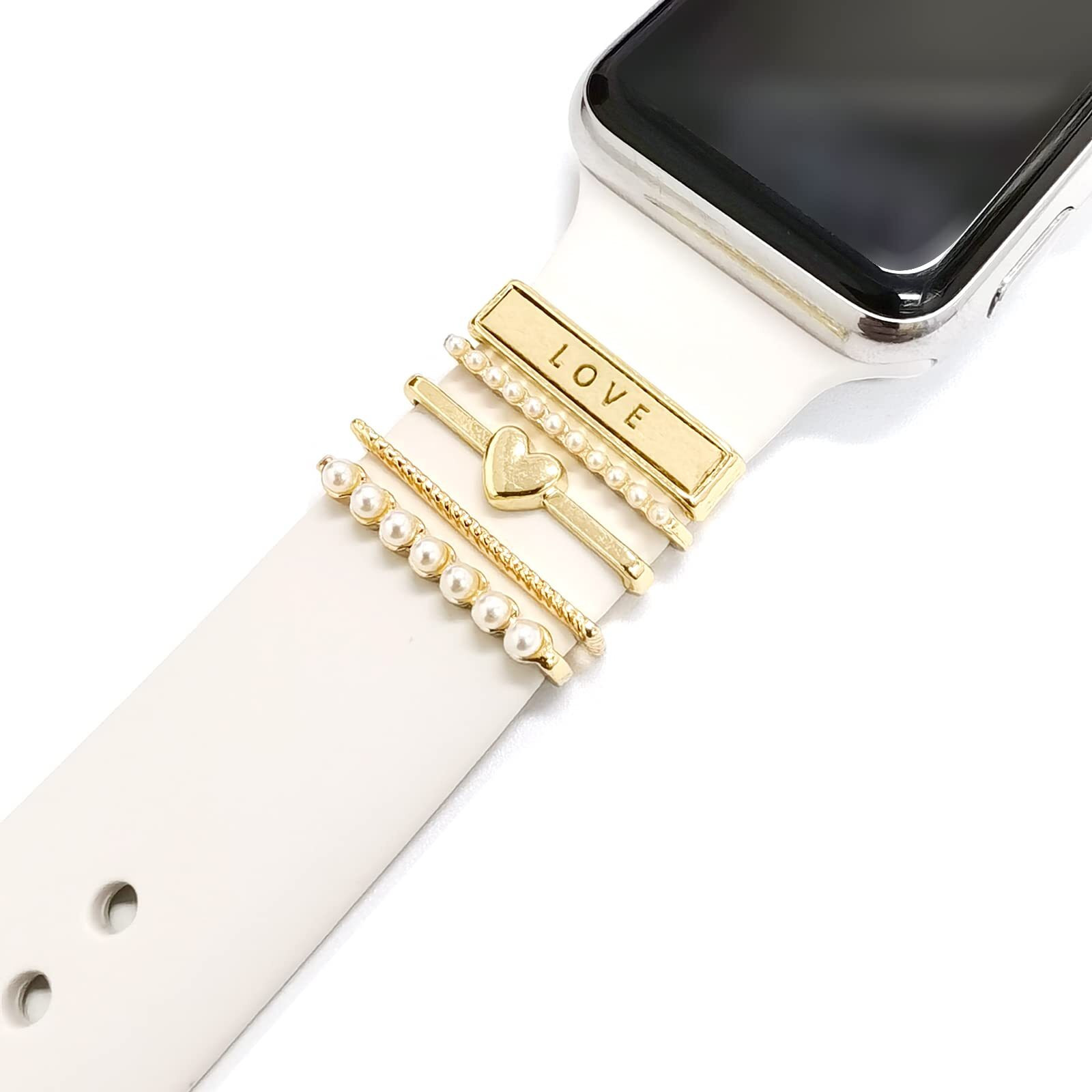 5Pcs Charms For Apple Watch Band 41Mm 45Mm 40Mm 44Mm 38Mm 42Mm Women,Diamond+Metal Jewelry Decorative Ring Loops For Iwatch Series 8 7 6 5 4 3 2 Se,Galaxy Watch 5/4,Silicone Strap Charm Accessories