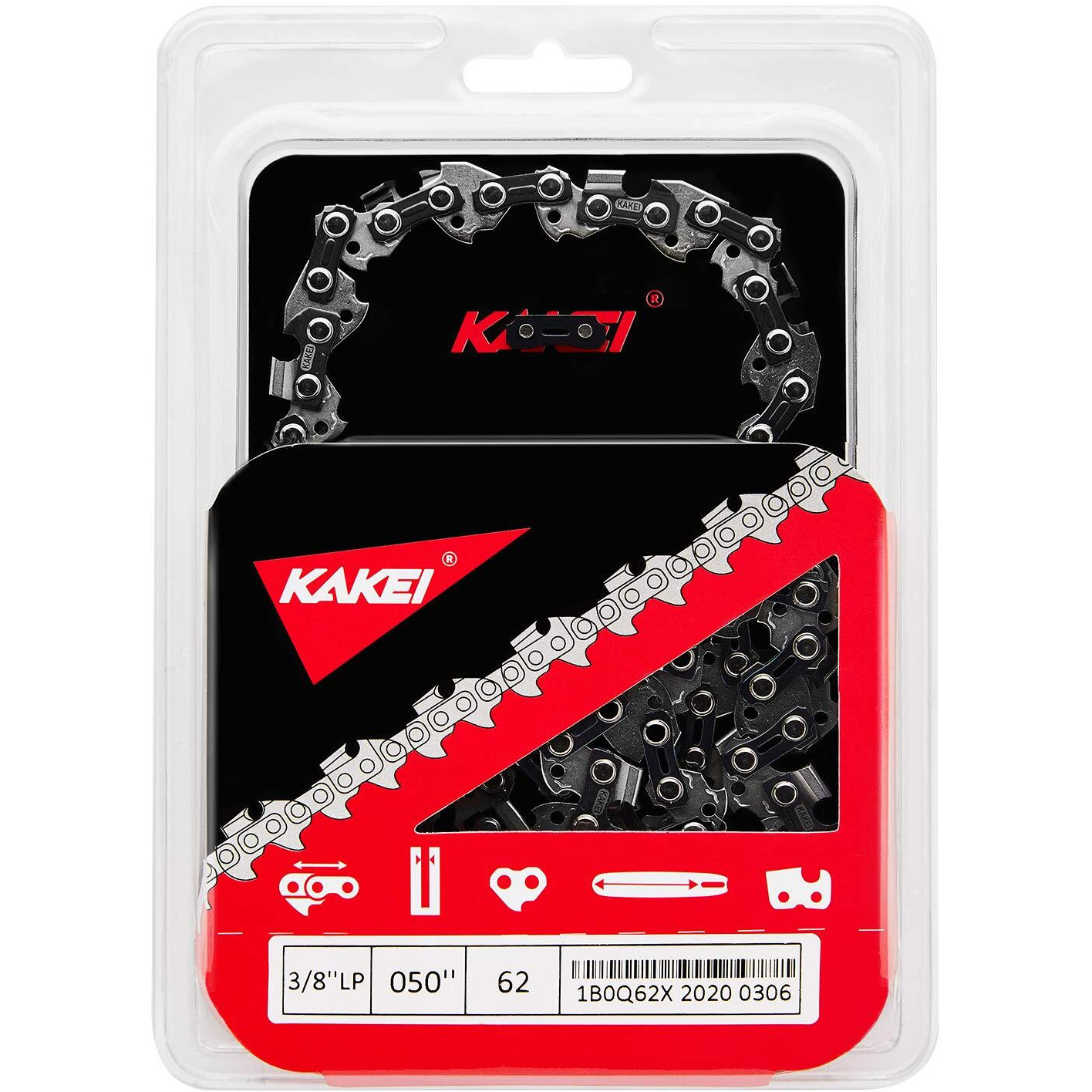 Kakei S62 Chainsaw Chain For 18 Inch Bar - .050"" Gauge, 3/8"" Lp Pitch, 62 Drive Links Fits Poulan Pro, Kobalt, Echo, Ego, Greenworks And More