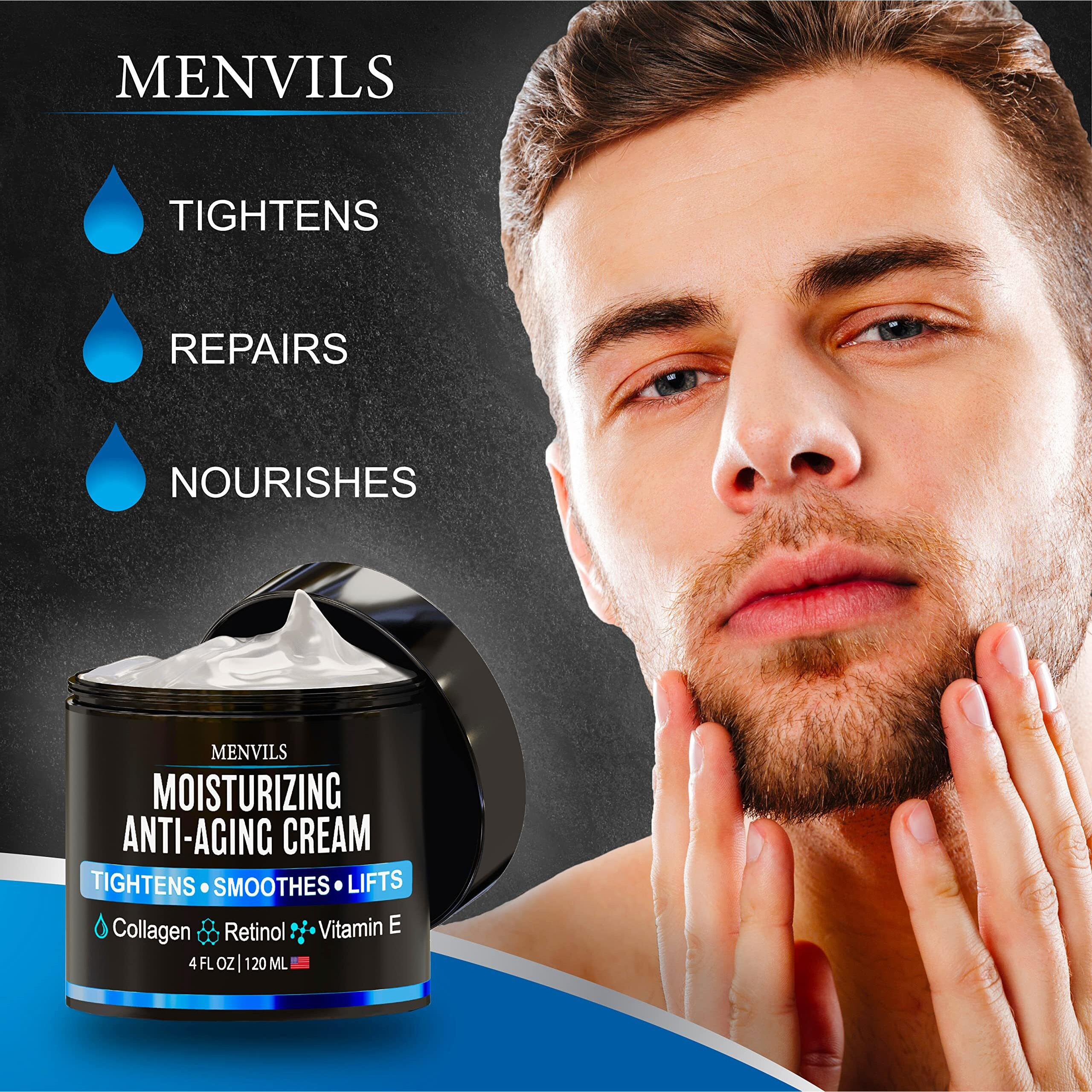 Mens Face Moisturizer Cream - Anti Aging & Wrinkle For Men With Collagen, Retinol, Vitamins E, Jojoba Oil - Face Lotion - Age Facial Skin Care - Eye Wrinkle - Day & Night - 4 Oz