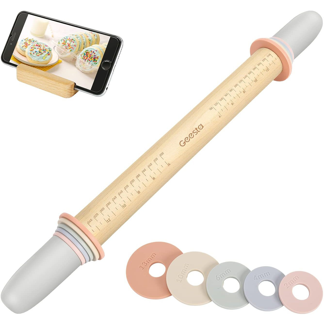 Geesta Adjustable Wood Rolling Pin With 5 Thickness Rings, Precise Dough Roller Handle Press Design With Measurement Guide For Fondant, Pizza, Pie Crust, Cookie, Pastry Baking Decorating Accessories