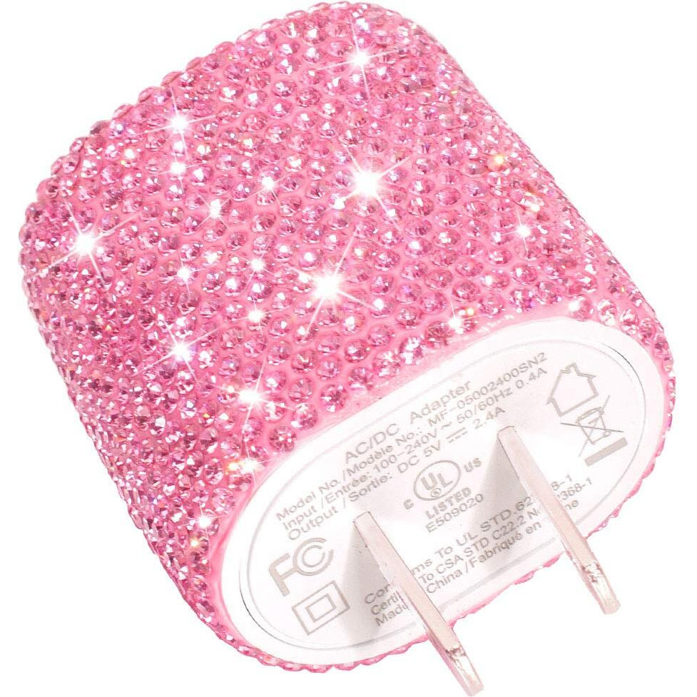 Usb Wall Charger Bling 5V/2.4A 24W Dual Port Fast Charger Plug Cell Phone Block Adapter Pink For Iphone Android Samsung Ipad Tablet Etc.