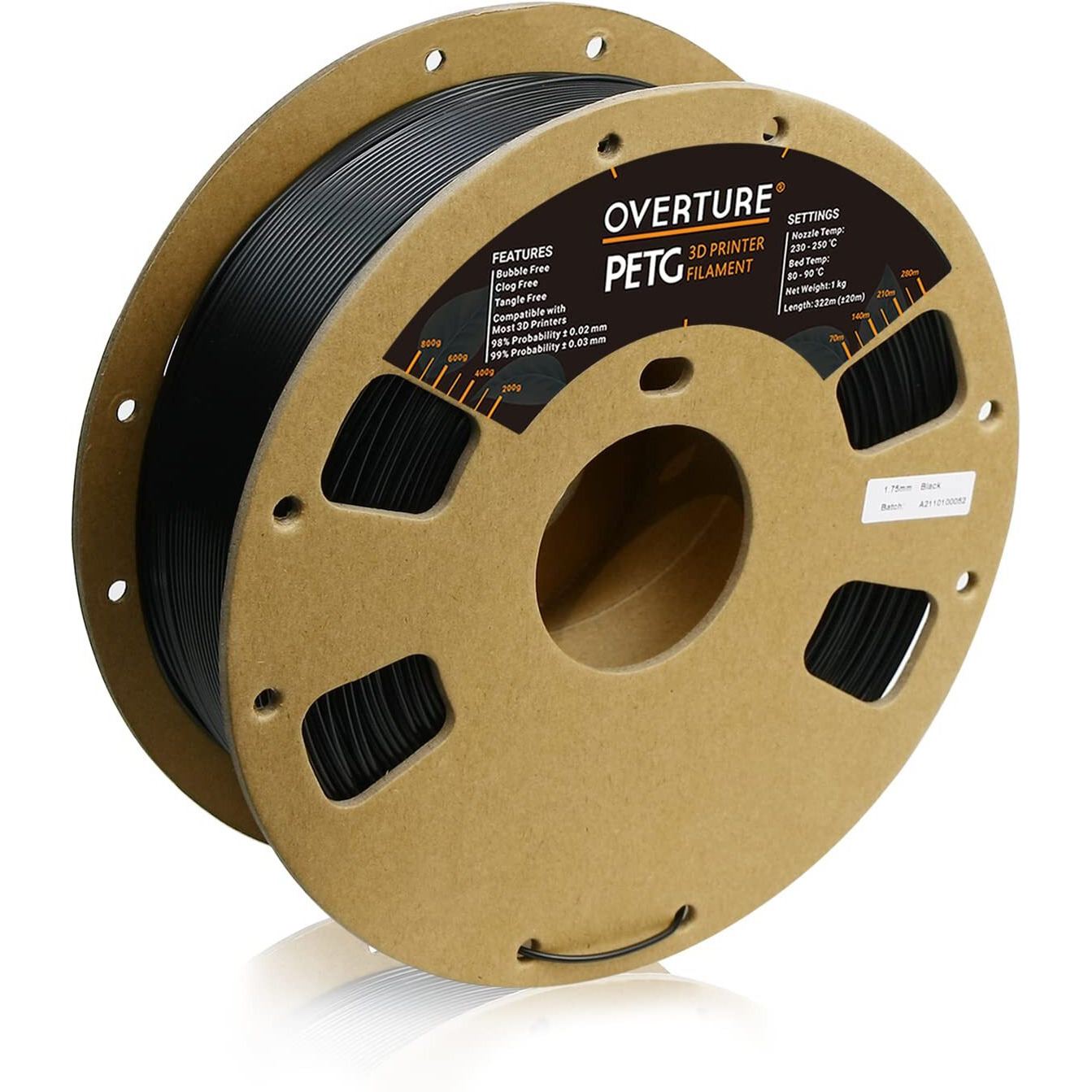 Overture Petg Filament 1.75Mm, 3D Printer Filament, 1Kg Filament (2.2Lbs), Dimensional Accuracy 99% Probability +/- 0.03 Mm, Fit Most Fdm Printer (Black (1-Pack))