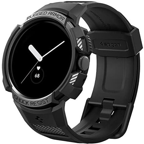 Spigen Rugged Armor Pro Designed For Google Pixel Watch Case With Band Protective Google Pixel Watch Band (2022) (Not Compatible With Pixel Watch 2) - Black