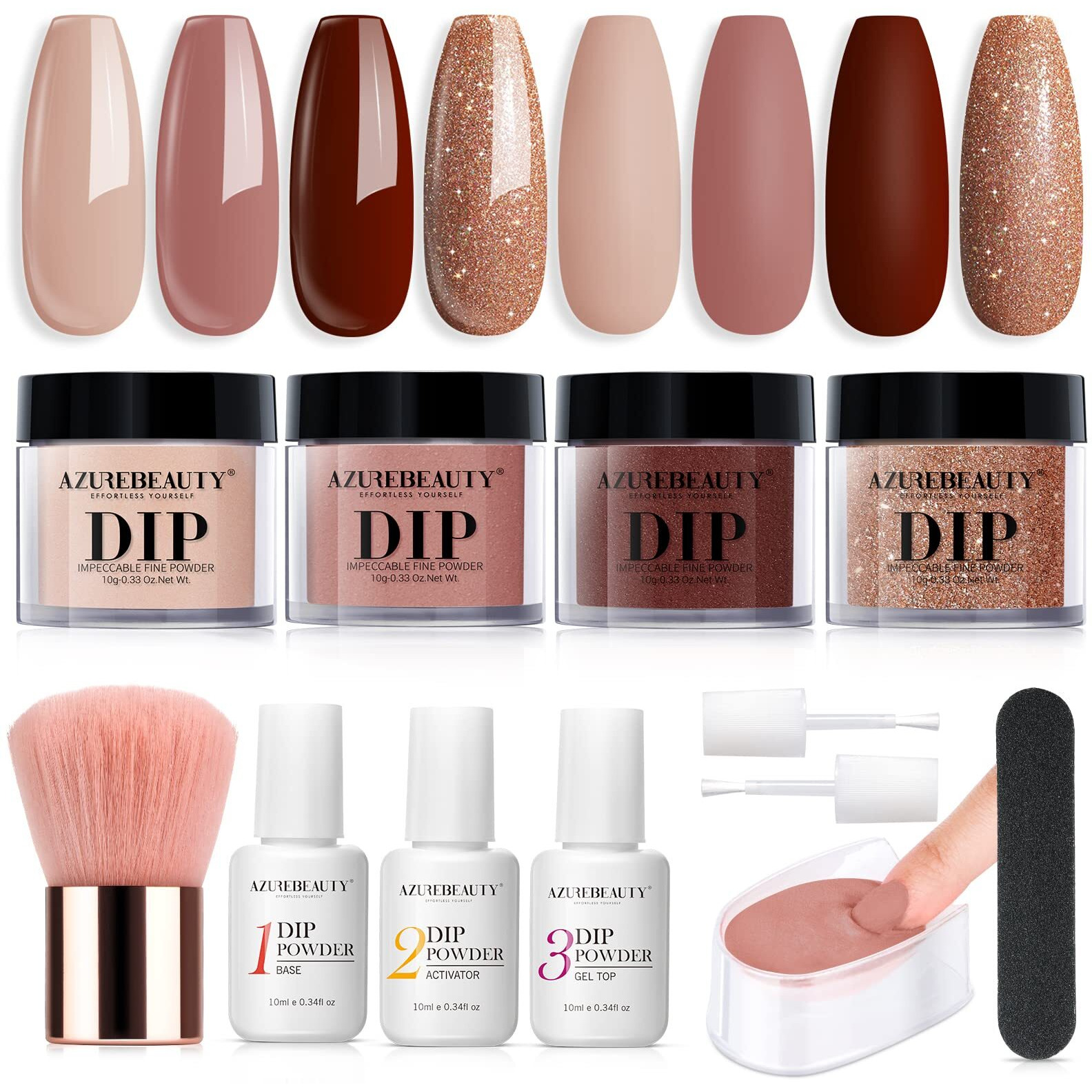 Azurebeauty Dip Powder Nail Kit Starter, 4 Colors Skin Nude Brown Glitter, Acrylic Dipping Powder Liquid Set With Base/Top Coat Activator For Daily French Nail Art Manicure Diy Gift 12 Pcs