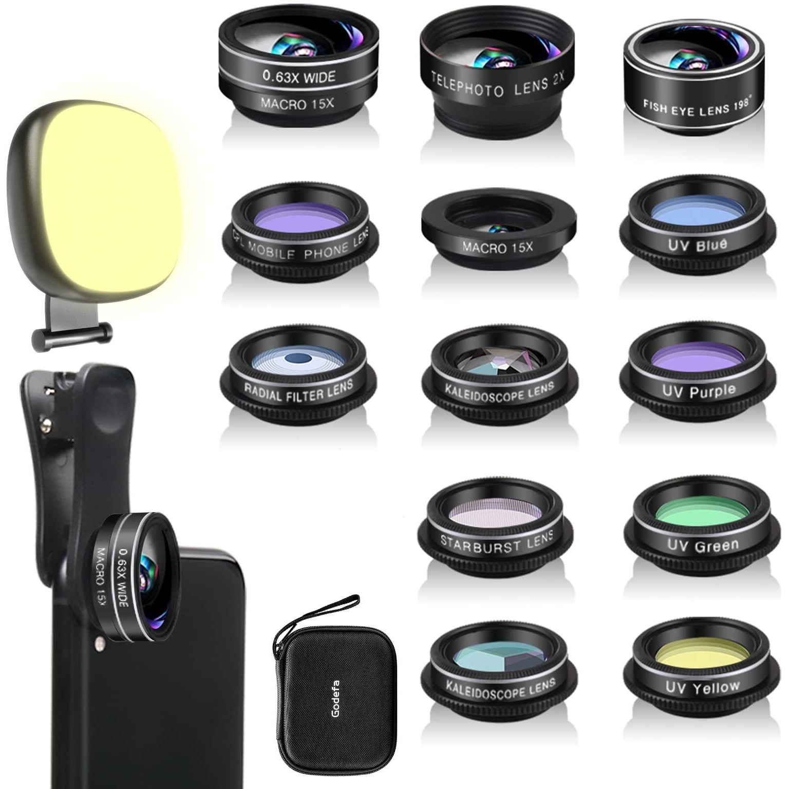 Godefa Phone Camera Lens Kit, 14 In 1 Lenses With Selfie Light For Iphone 14 13 12 11 Xs X Pro Samsung And Other Andriod Smartphone, Universal Clip On Wide Angle+Macro+ Fisheye Camera Lenses
