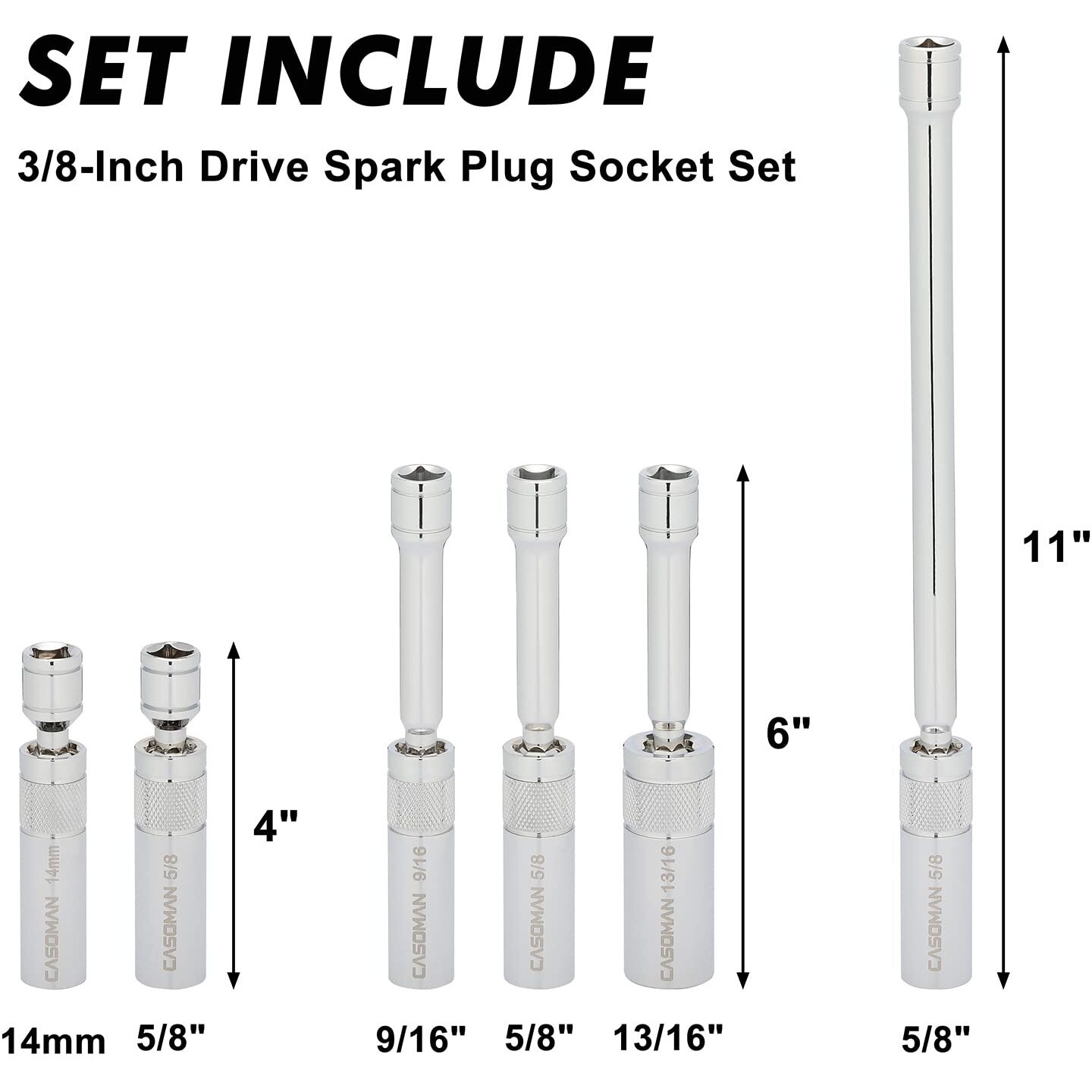 Casoman 6Pcs 3/8-Inch Drive Magnetic Swivel Spark Plug Socket Set, Include 9/16-Inch, 5/8-Inch, 13/16-Inch, 14Mm Socket, Length 4-Inch, 6-Inch, 11-Inch, 12-Point, Cr-V