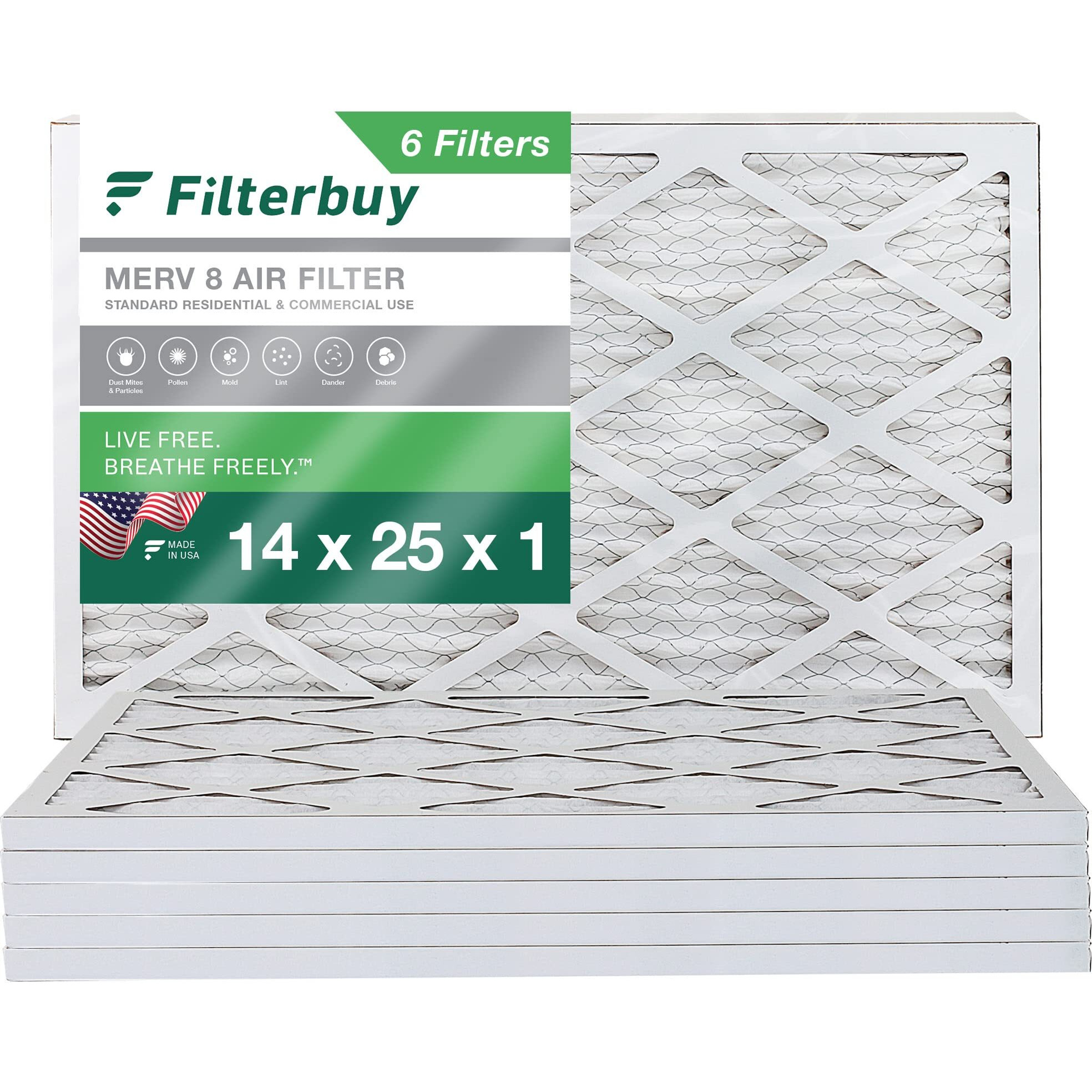 Filterbuy 14X25X1 Air Filter Merv 8 Dust Defense (6-Pack), Pleated Hvac Ac Furnace Air Filters Replacement (Actual Size 13.50 X 24.50 X 0.75 Inches)