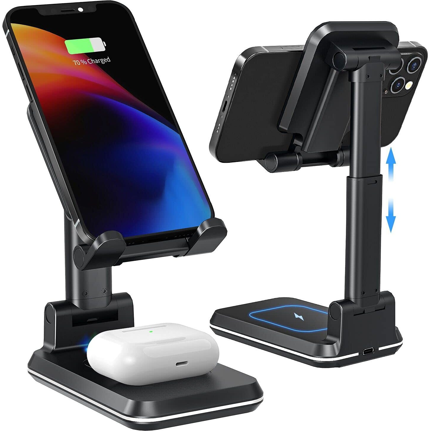 Tiluza Wireless Charger, 2 In 1 Dual Wireless Charging Stand, Adjustable Phone Holder For Desk 10W Qi Fast Charger Compatible With Iphone 13/12/11/Pro/Xs/Max/Xr/X Airpods, Samsung S21/S20/S10/S9/Note