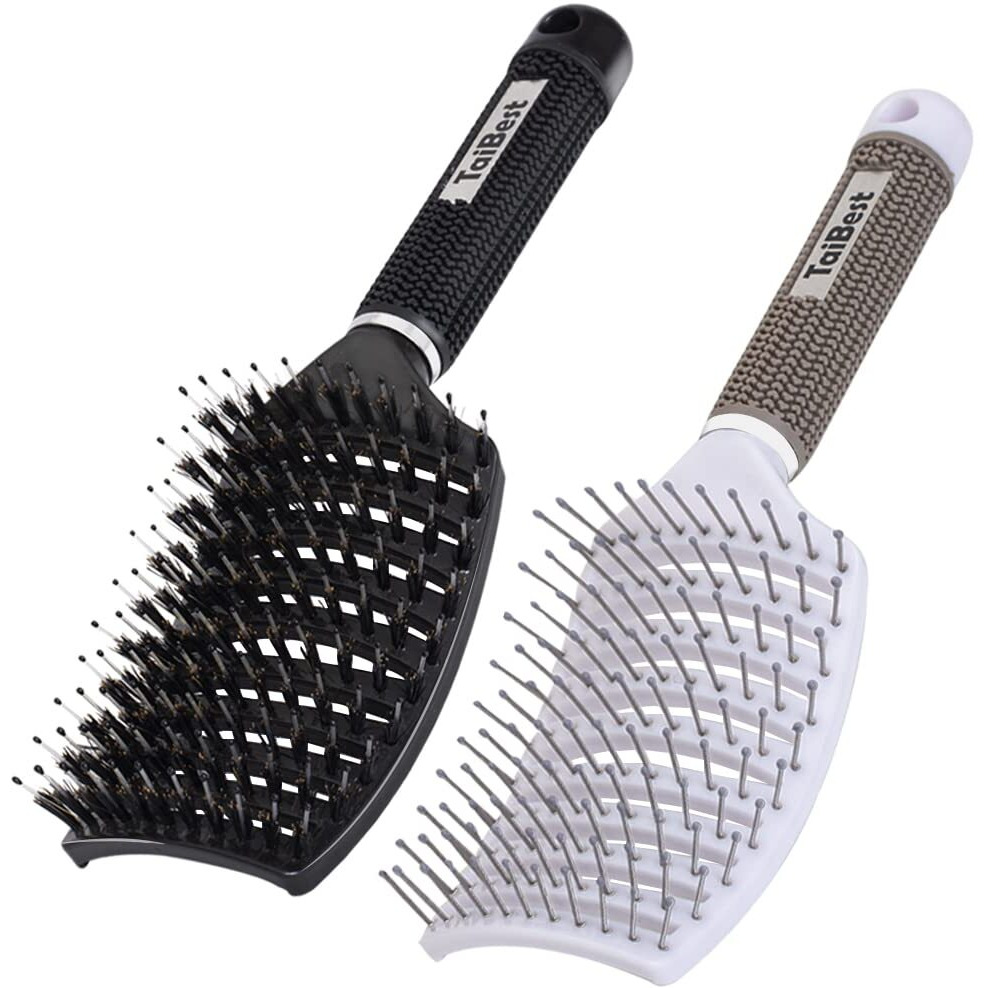 Taibest Boar Bristle Hair Brush Set - Dry/Wet Hair Brush Detangler For Fine, Thick, Curly Hair - Curved And Vented Hair Brush For Women, Men Or Kids