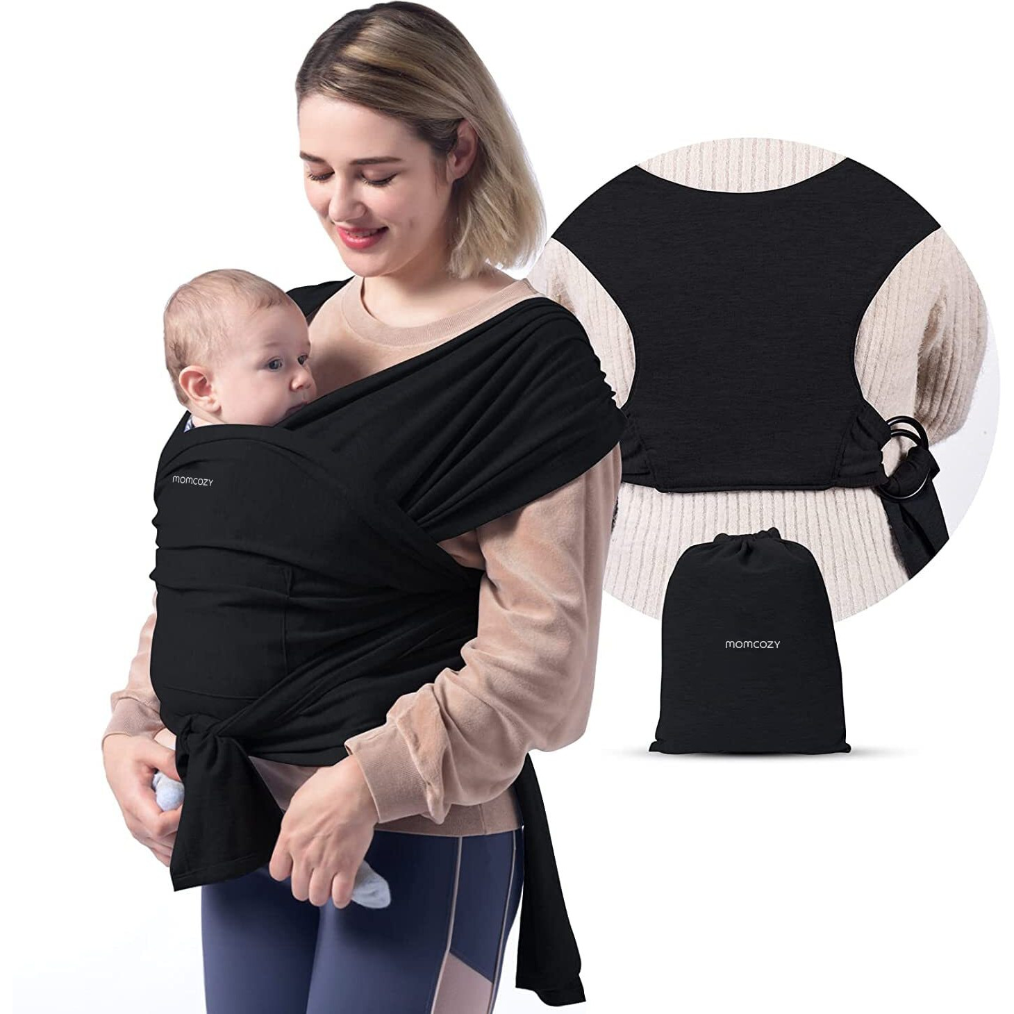 Momcozy Baby Wrap Carrier Slings, Easy To Wear Infant Carrier Slings For Babies Girl And Boy, Adjustable Baby Carriers For Newborn Up To 50 Lbs, Black