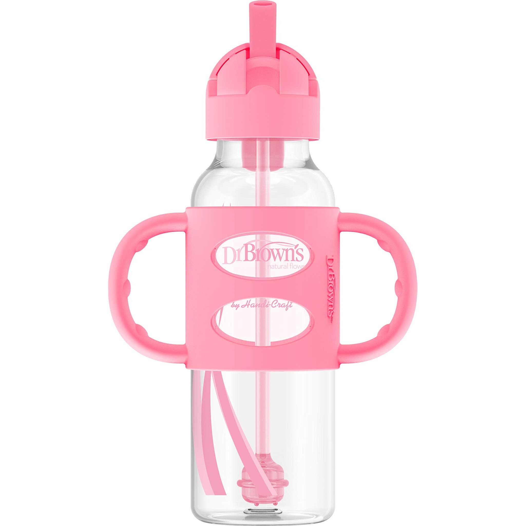 Dr. Brown's Milestones Narrow Sippy Straw Bottle With 100% Silicone Handles, 8Oz/250Ml, Pink, 1 Pack, 6M+