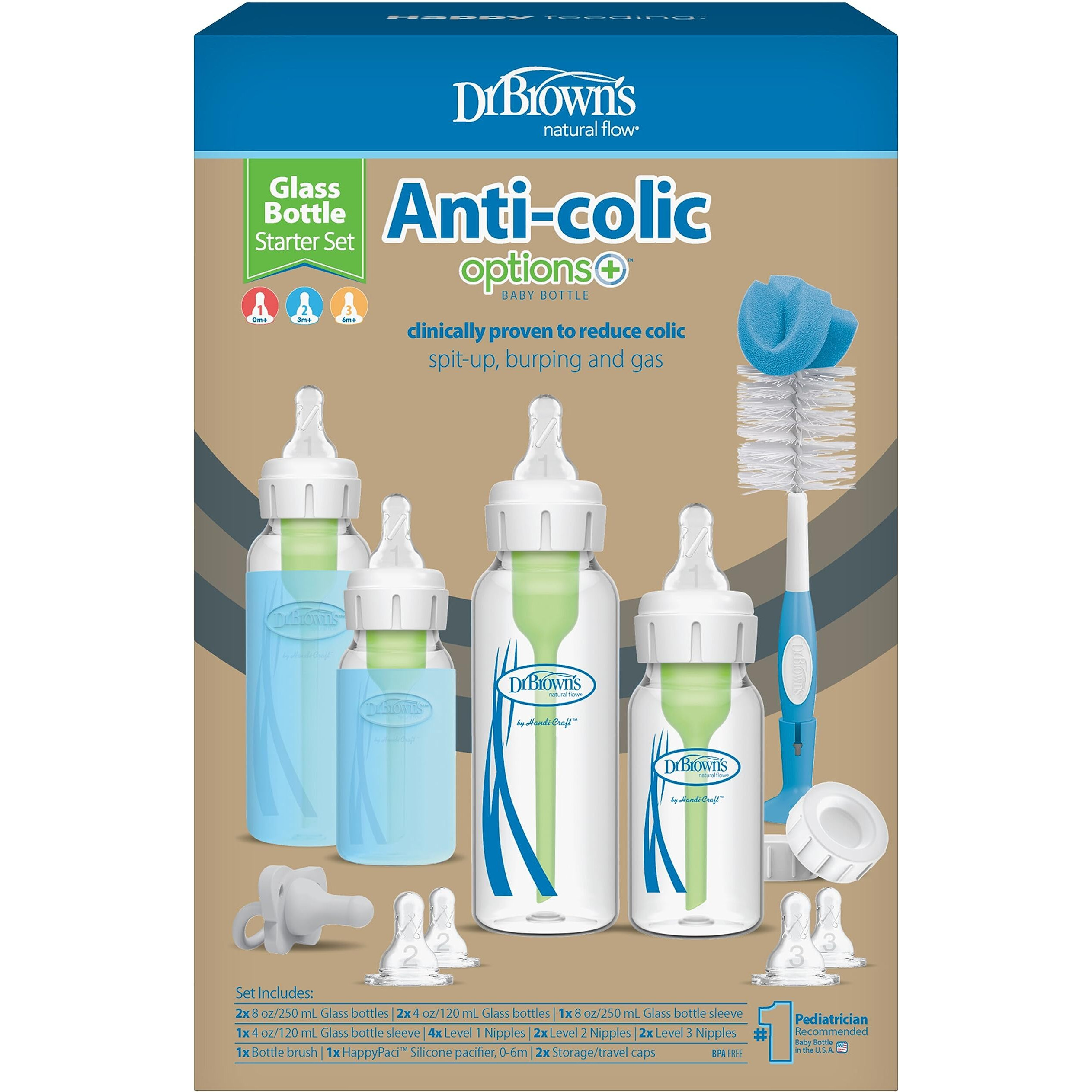 Dr. Brown's Natural Flow Anti-Colic Options+ Narrow Glass Baby Bottle Starter Set With Silicone Sleeves,Brush And Soft 100% Silicone Happypaci Pacifier For Newborns
