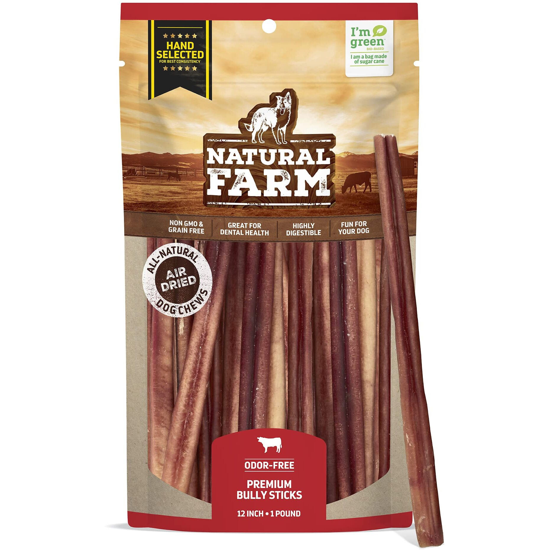 Natural Farm Odor-Free Select Bully Sticks, (12-Inch, 1-Pound), Hand Selected For Consistent Thickness, 100% Beef Pizzle Dog Chews, Fully Digestible, High Protein, Best Dental Treats