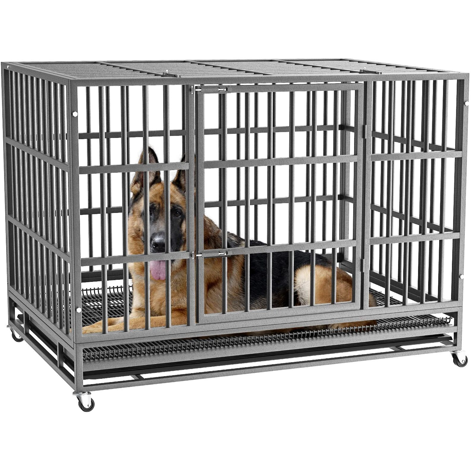 Lemberi 48/38 Inch Heavy Duty Indestructible Dog Crate, Escape Proof Dog Cage Kennel With Lockable Wheels,High Anxiety Double Door Dog Crate,Extra Large Crate Indoor For Large Dog With Removable Tray