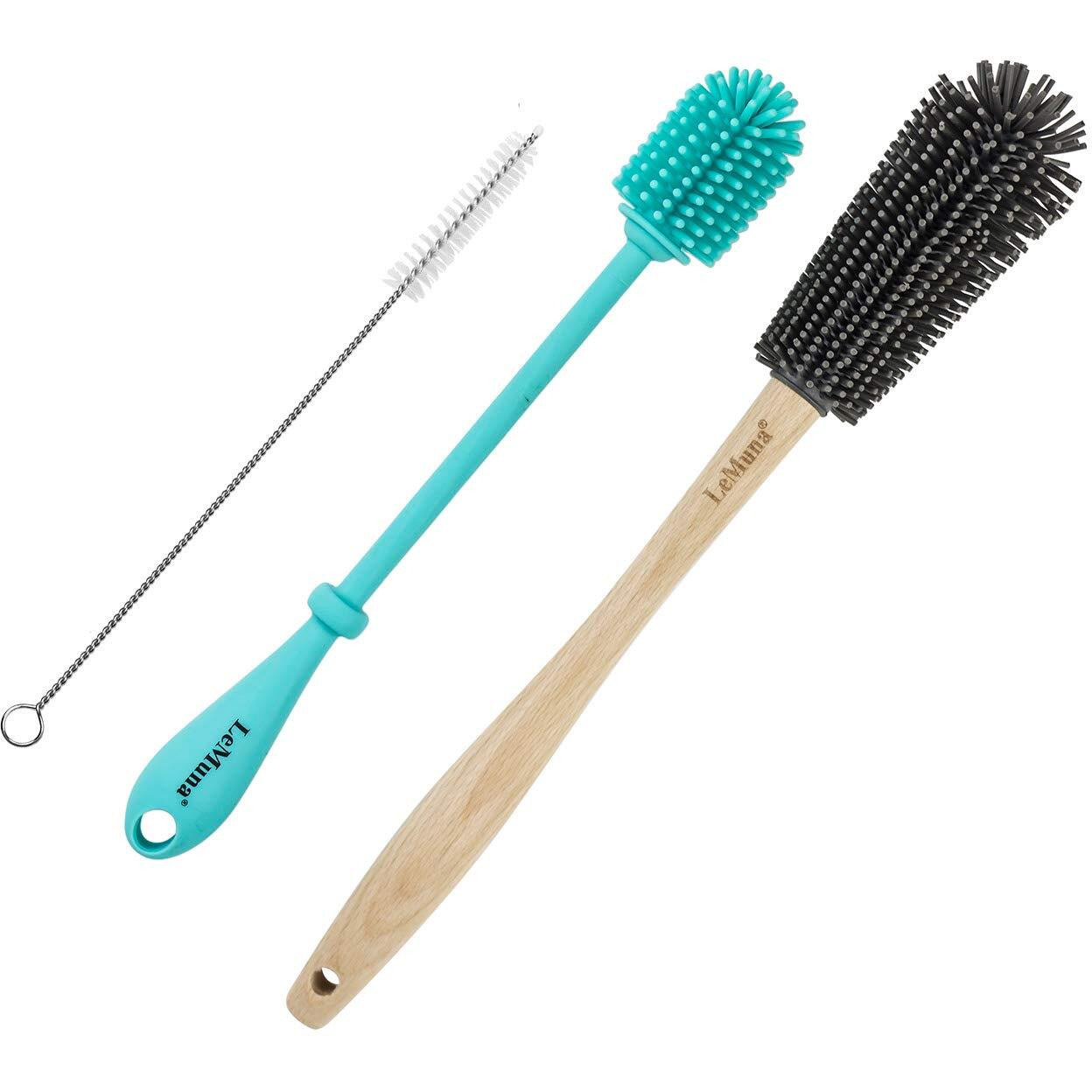 Lemuna Water Bottle Cleaner Brush Set (Silicone Bottle Brush & Wooden Handle Silicone Bottle Brush) With Straw Brush For Narrow Neck Containers, Hydro Flask, Sports Bottle, Glassware