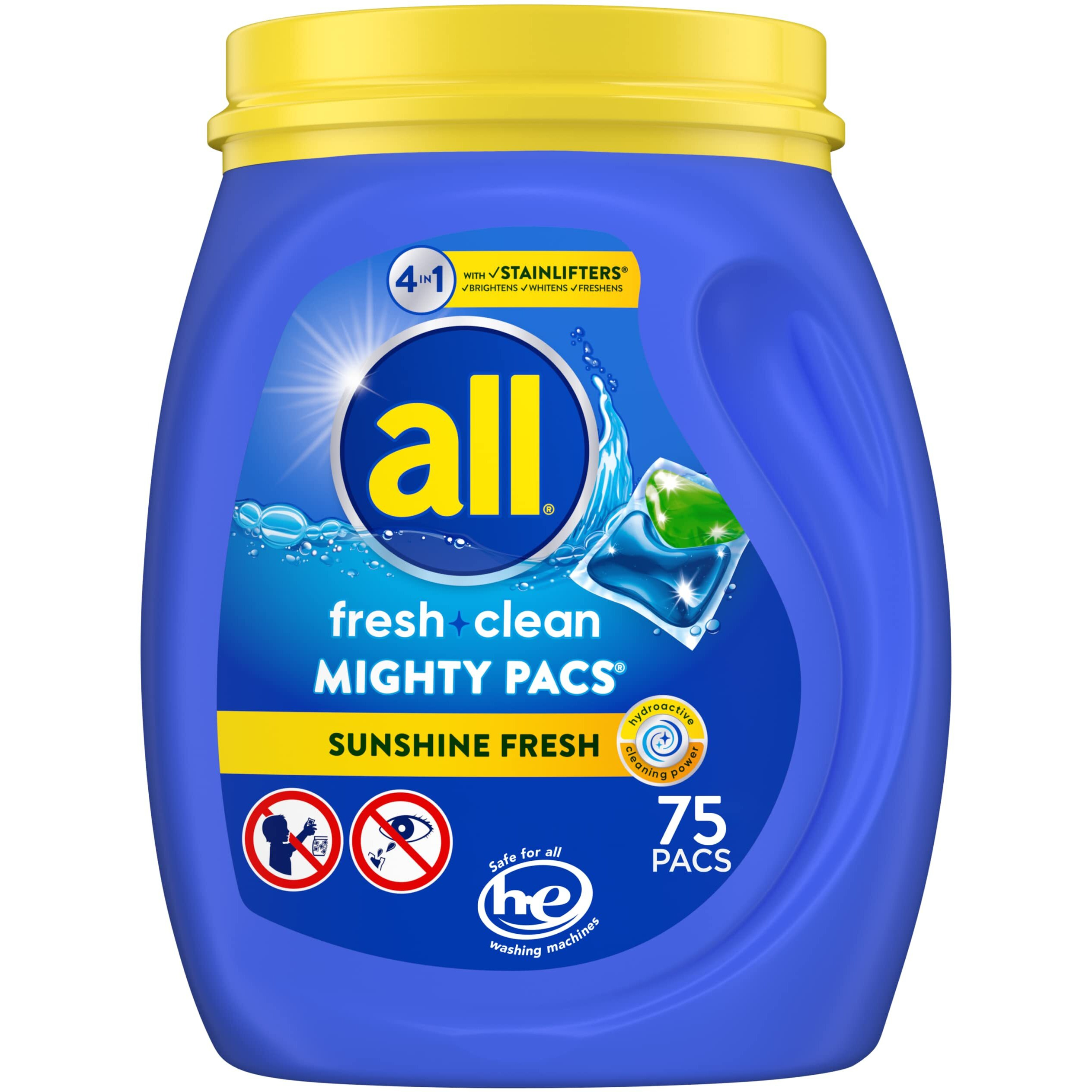 All With Stainlifters Original Mighty Pacs Laundry Detergent Pacs, 4 In 1 Stainlifters, One Tub, 75 Count